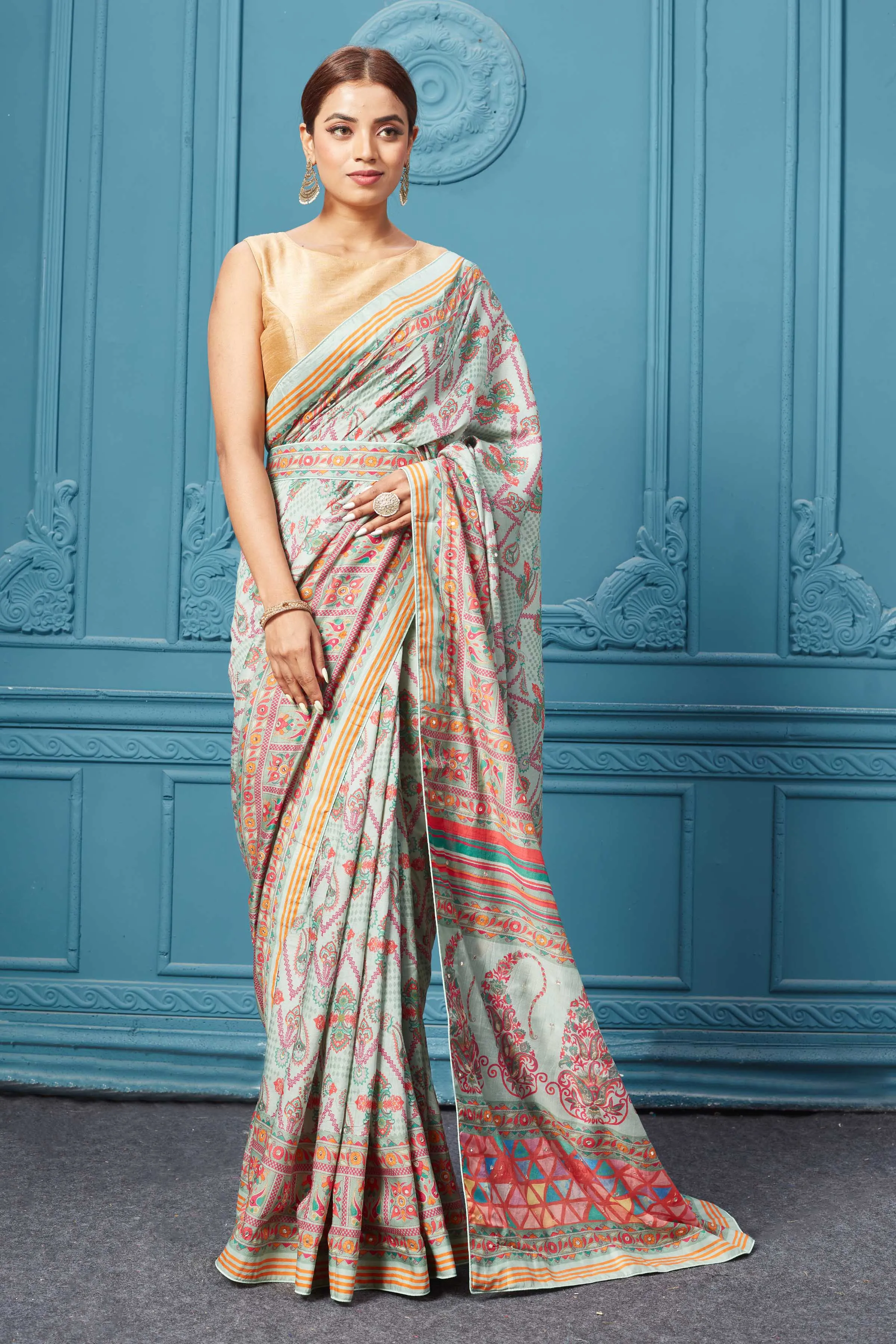 91A097 Multicolor Printed Light Blue Saree Set