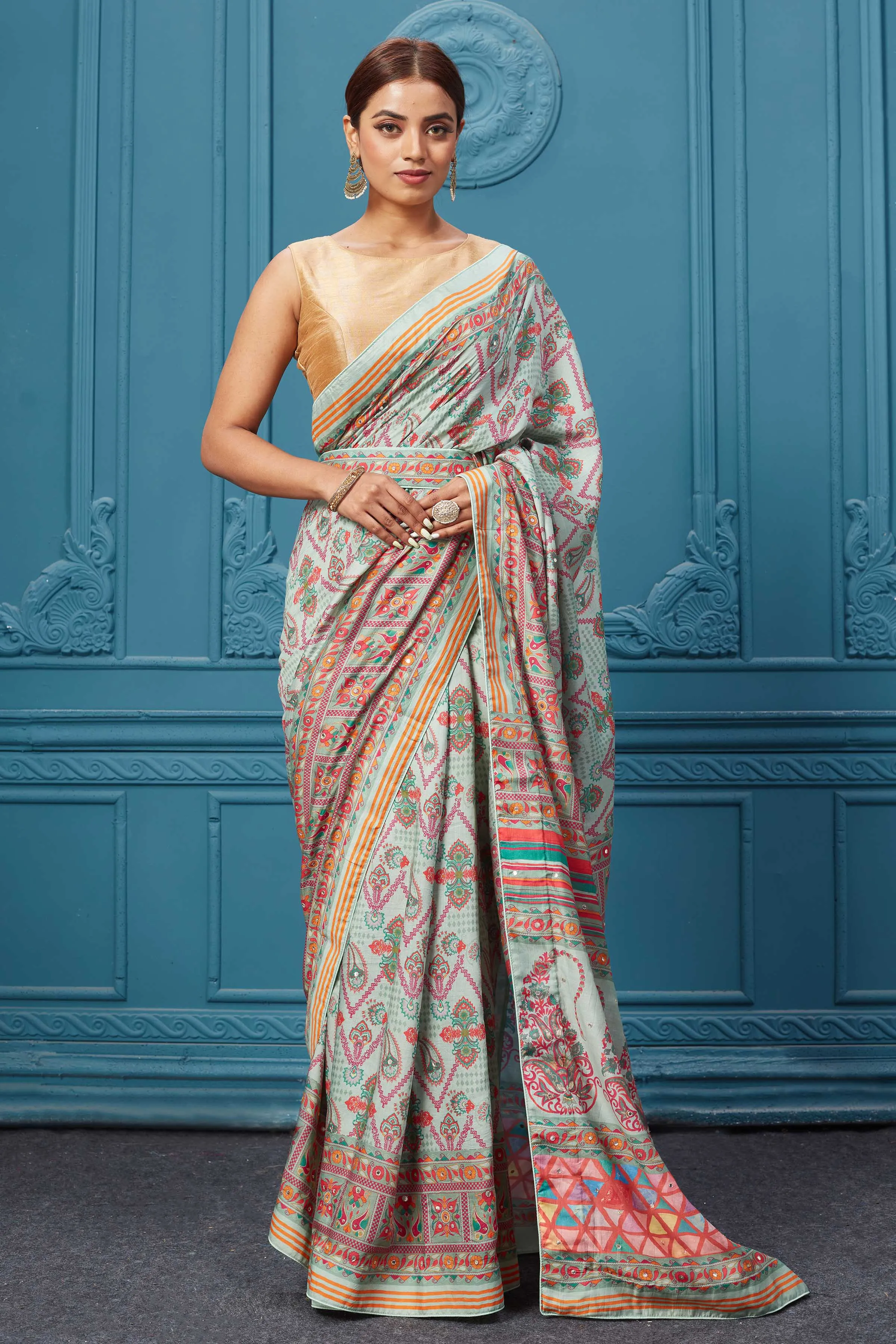 91A097 Multicolor Printed Light Blue Saree Set