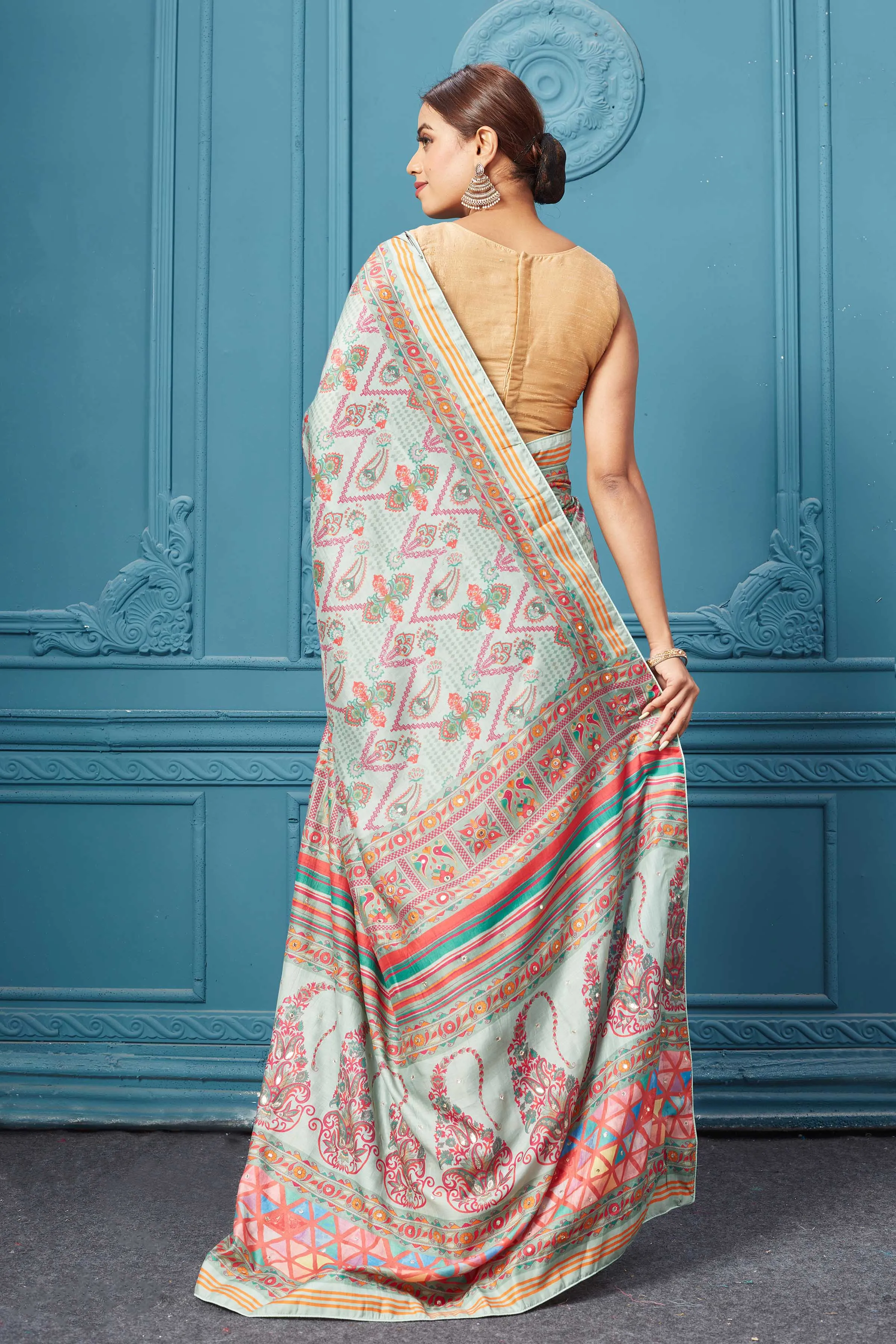 91A097 Multicolor Printed Light Blue Saree Set