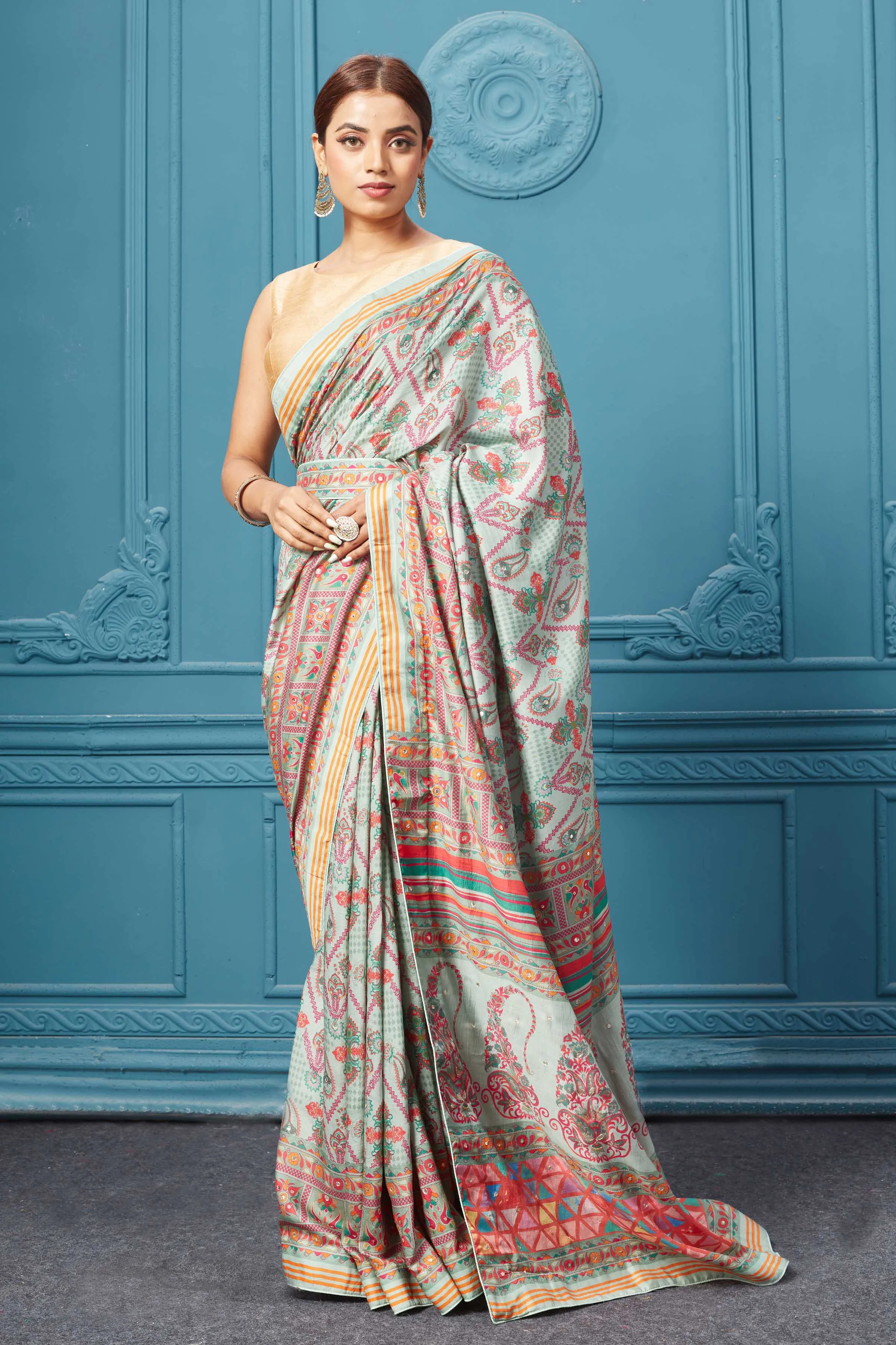 91A097 Multicolor Printed Light Blue Saree Set