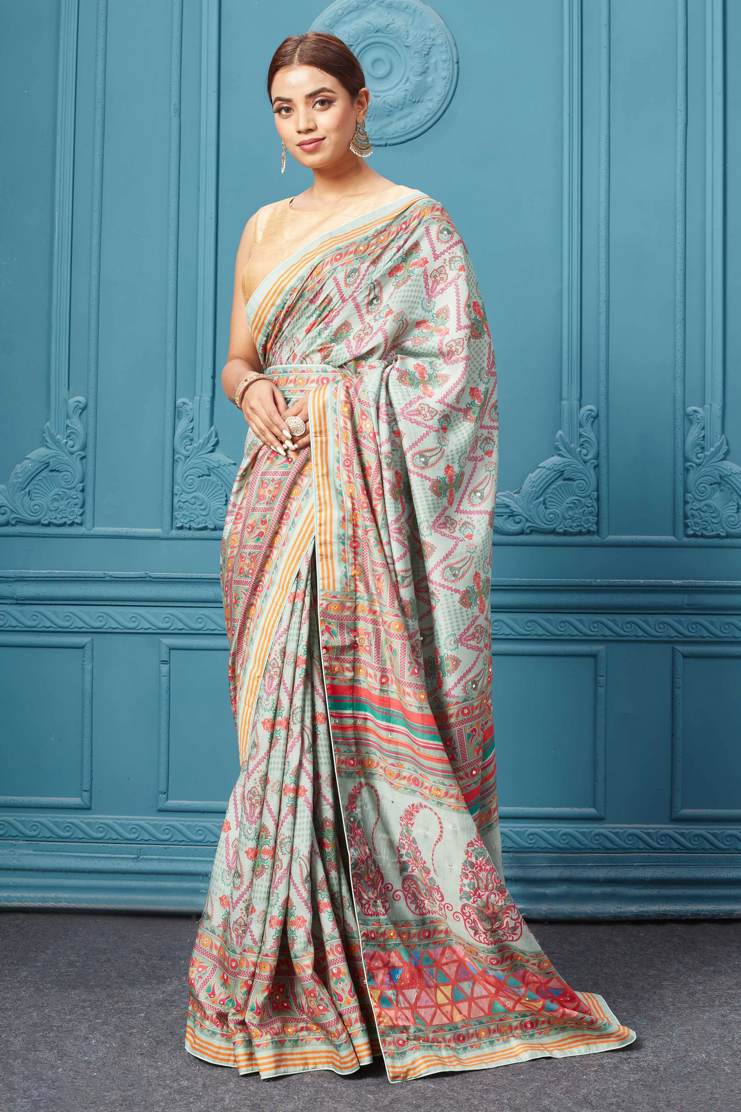 91A097 Multicolor Printed Light Blue Saree Set