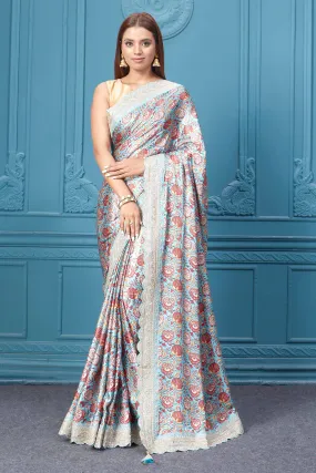 91A116 Blue Floral Crepe Silk Saree with Scalloped Border