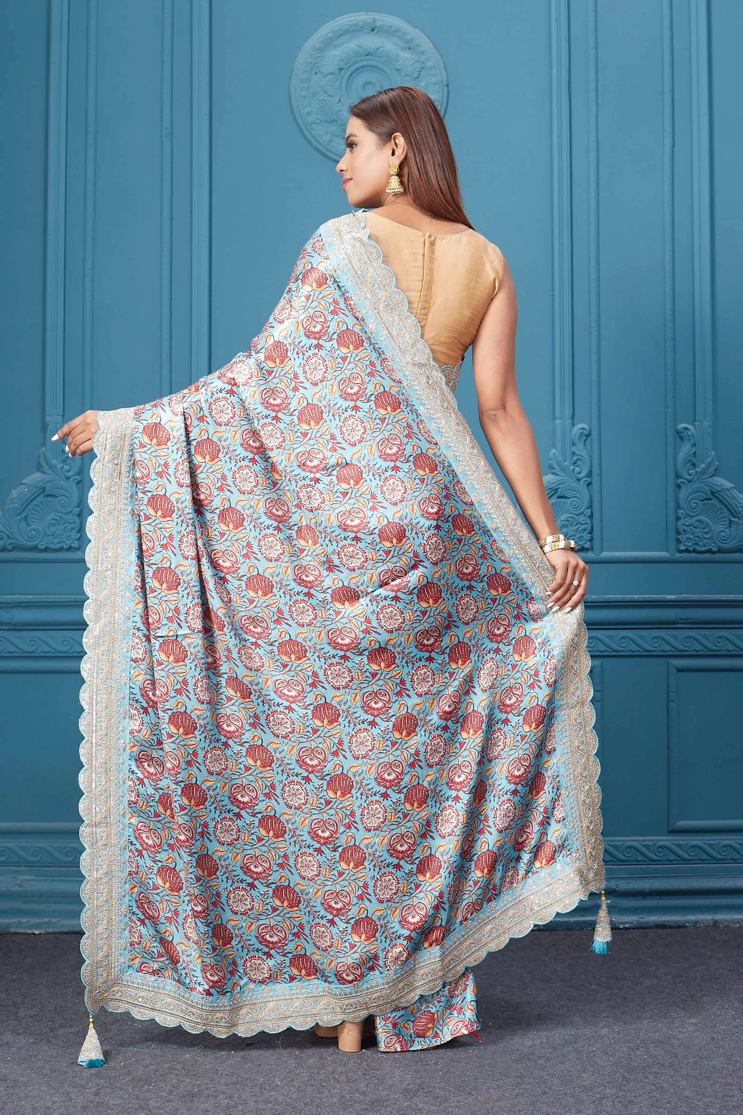 91A116 Blue Floral Crepe Silk Saree with Scalloped Border