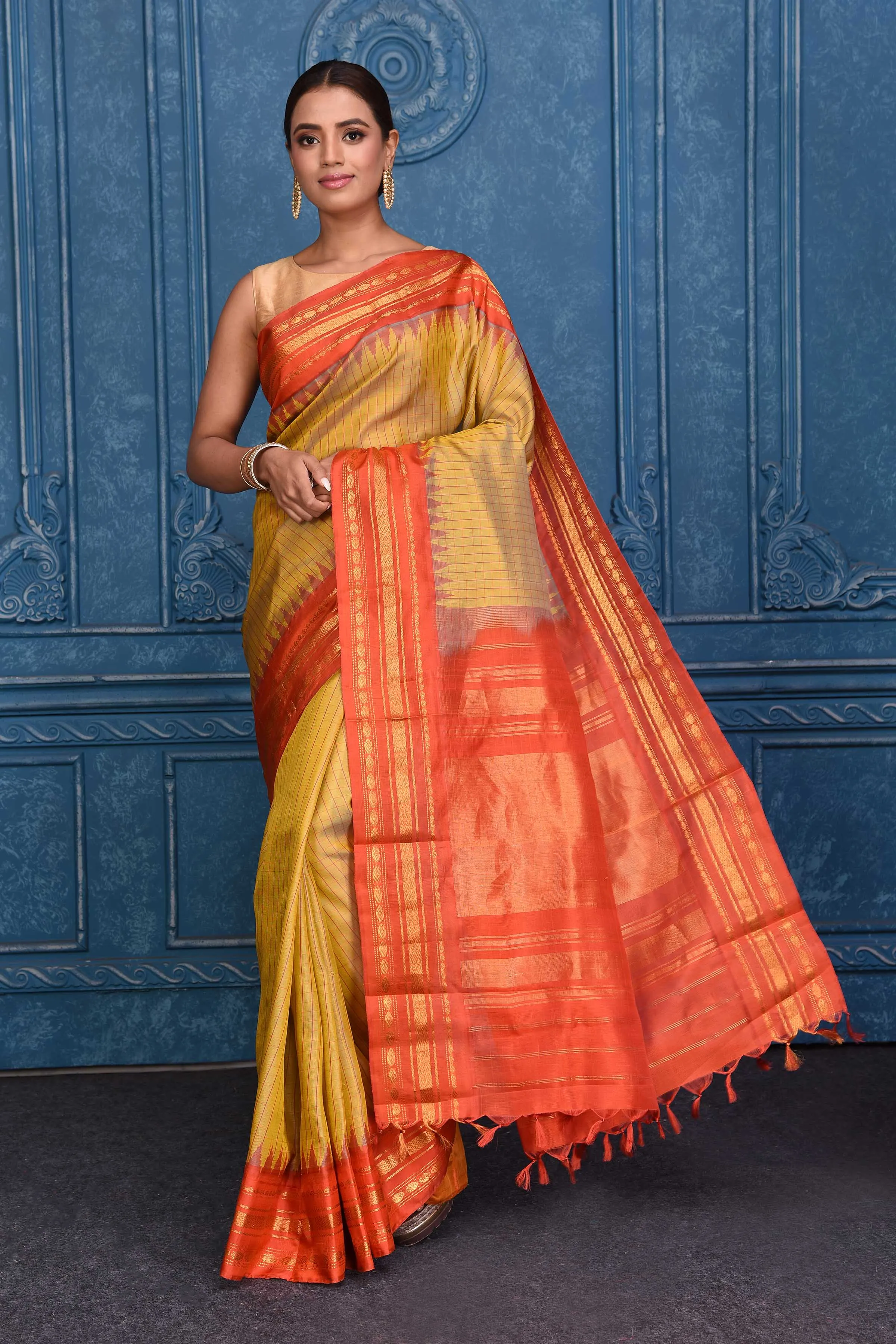 91A134 Mustard Striped Pure Gadhwal Silk Sari with Orange Border