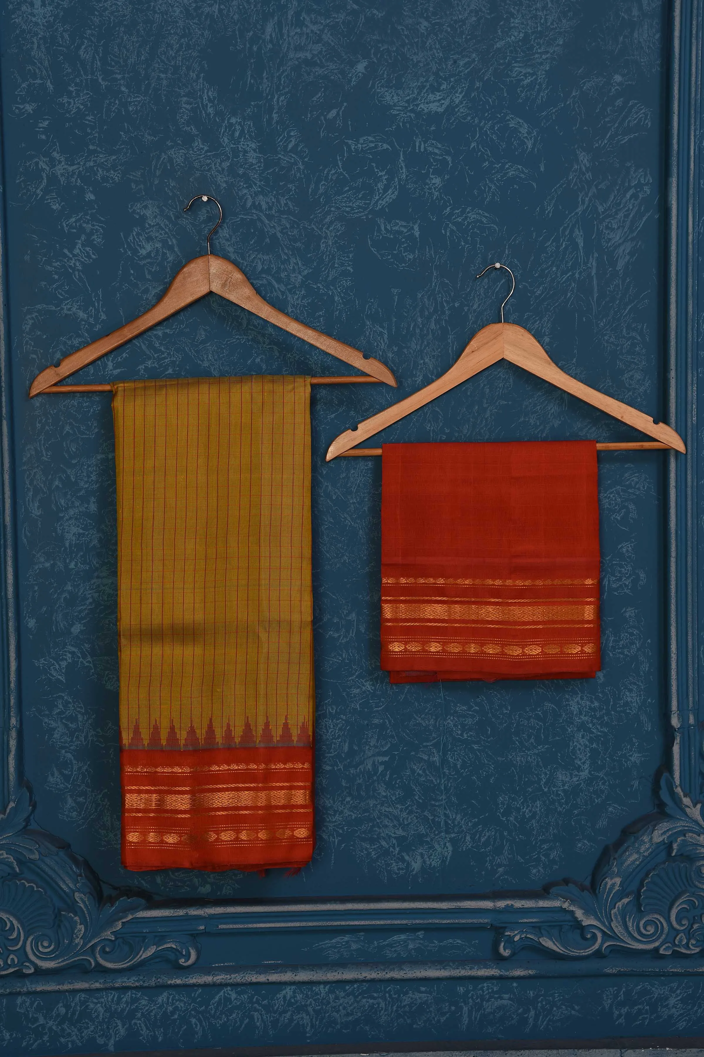 91A134 Mustard Striped Pure Gadhwal Silk Sari with Orange Border