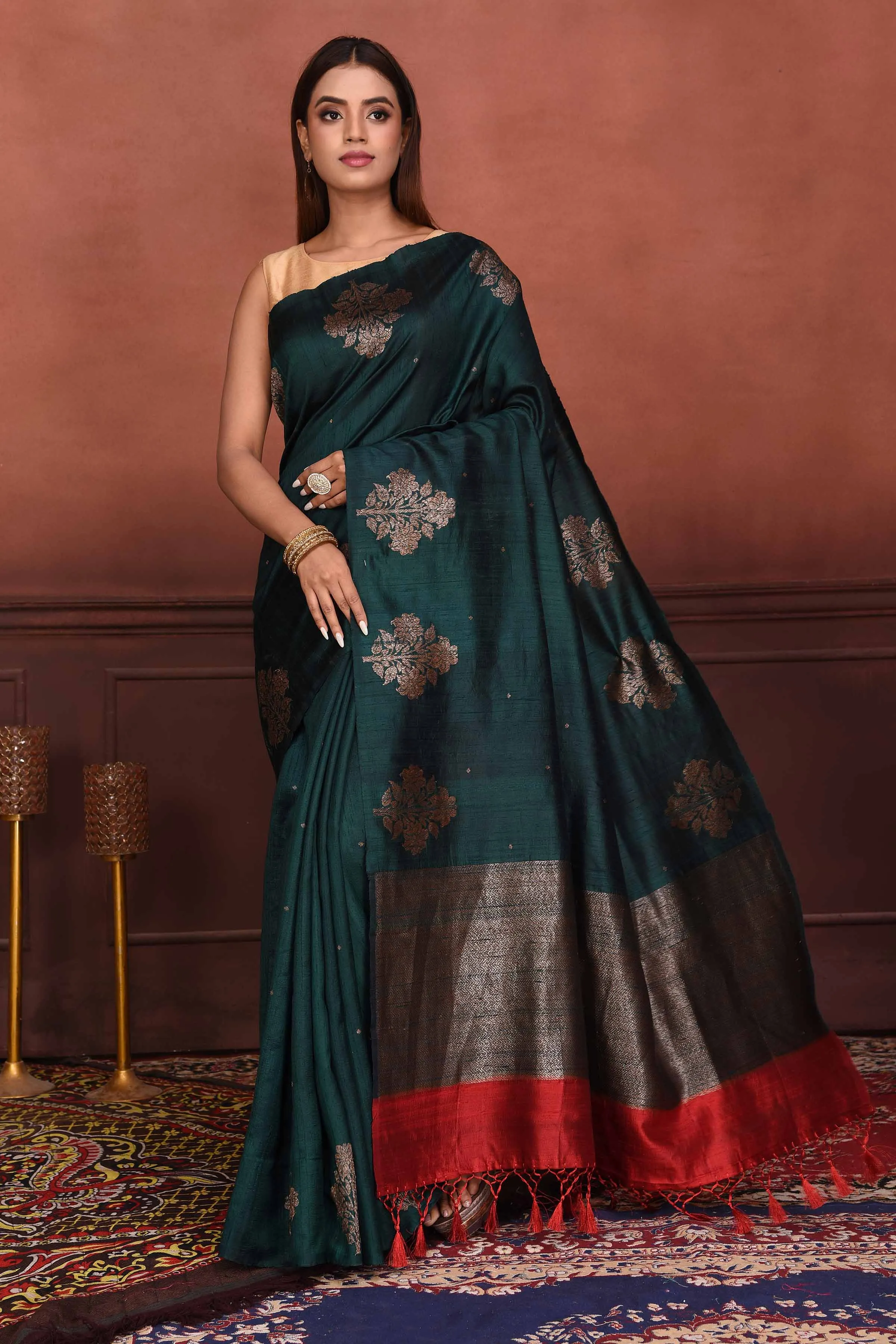 91A142-RO Dark Green Tussar Banarasi Saree with Floral Zari Buta