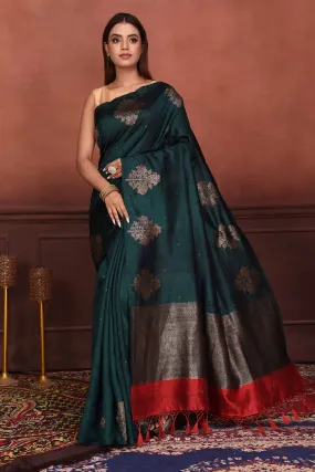 91A142-RO Dark Green Tussar Banarasi Saree with Floral Zari Buta