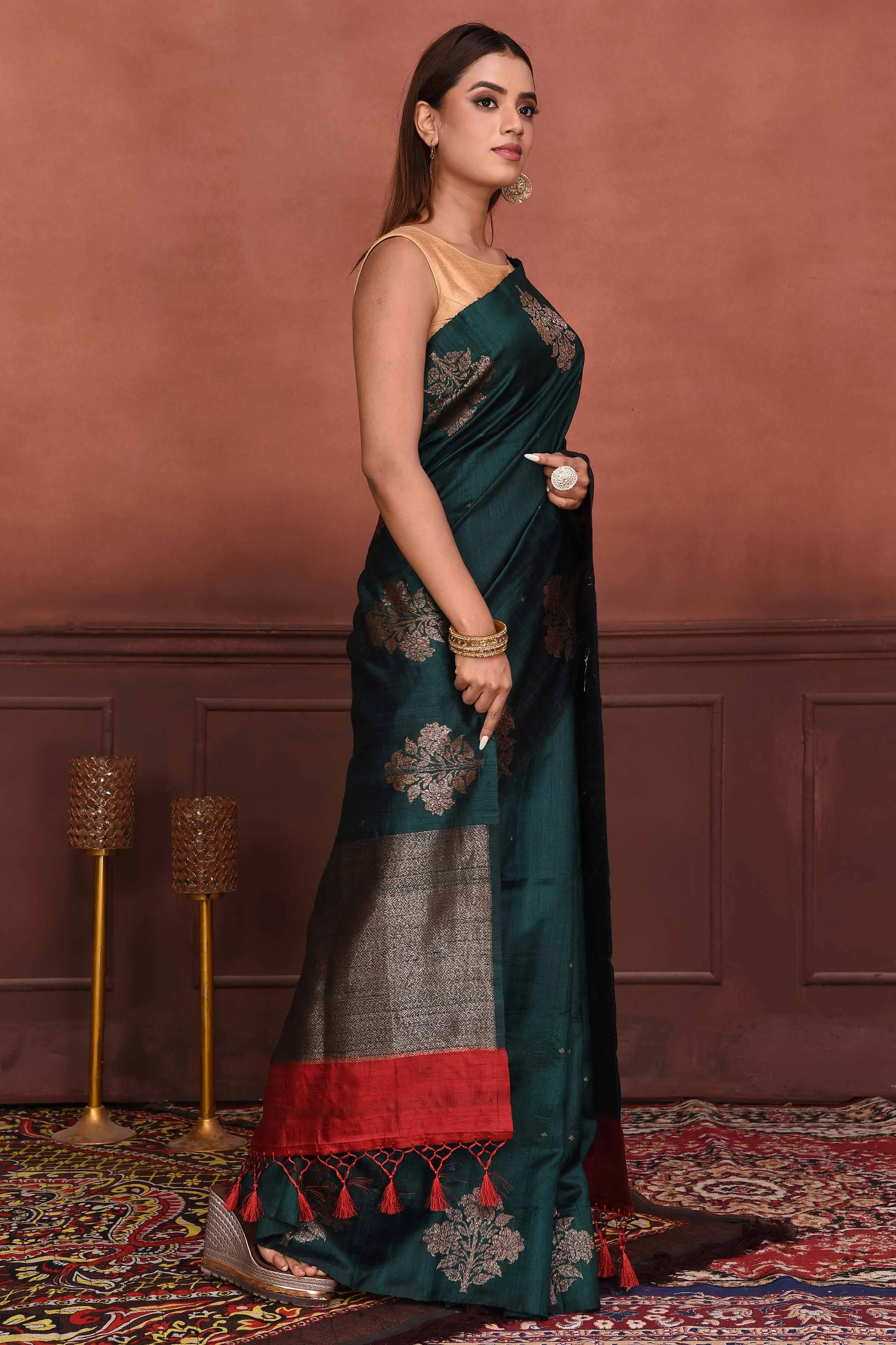 91A142-RO Dark Green Tussar Banarasi Saree with Floral Zari Buta