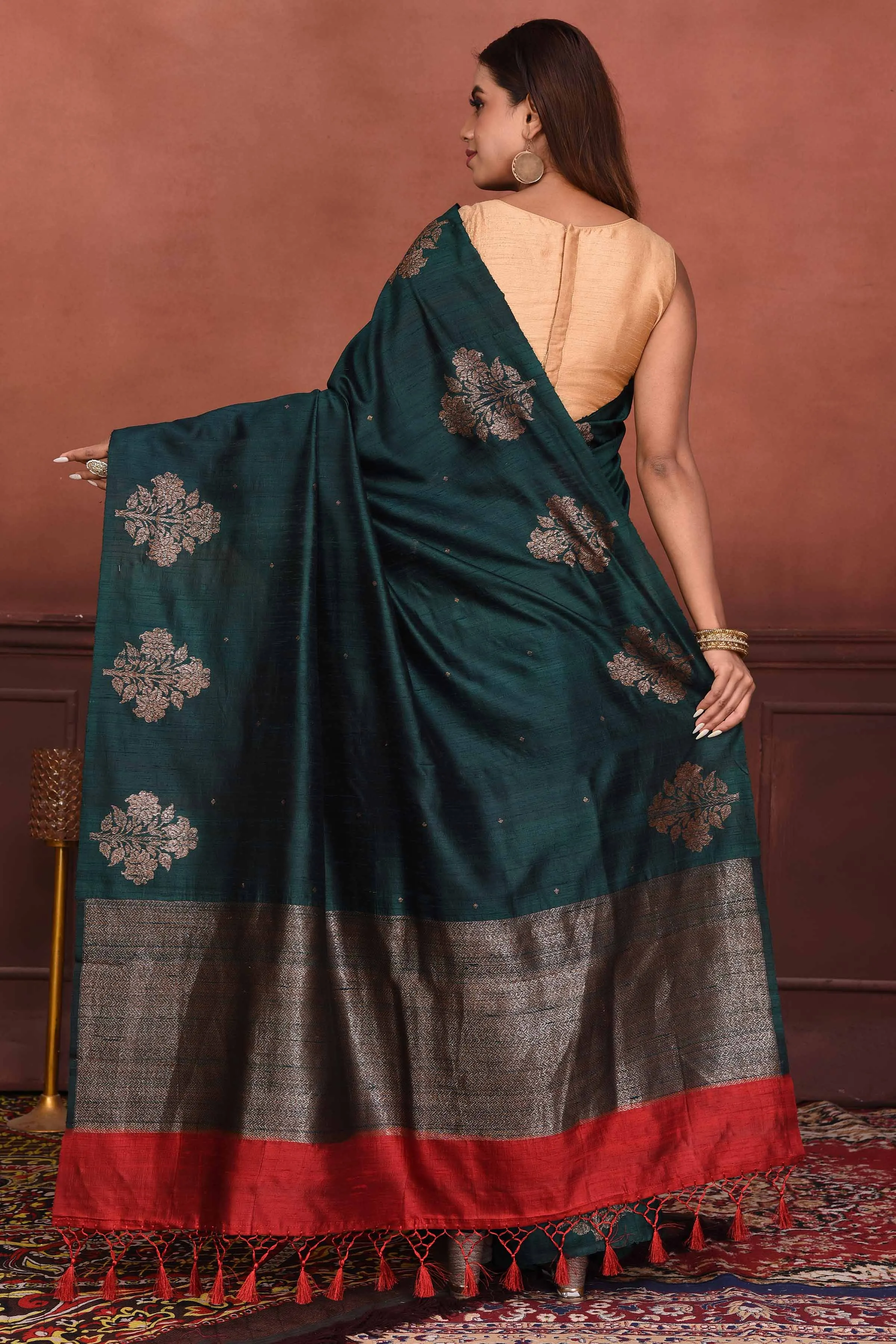 91A142-RO Dark Green Tussar Banarasi Saree with Floral Zari Buta