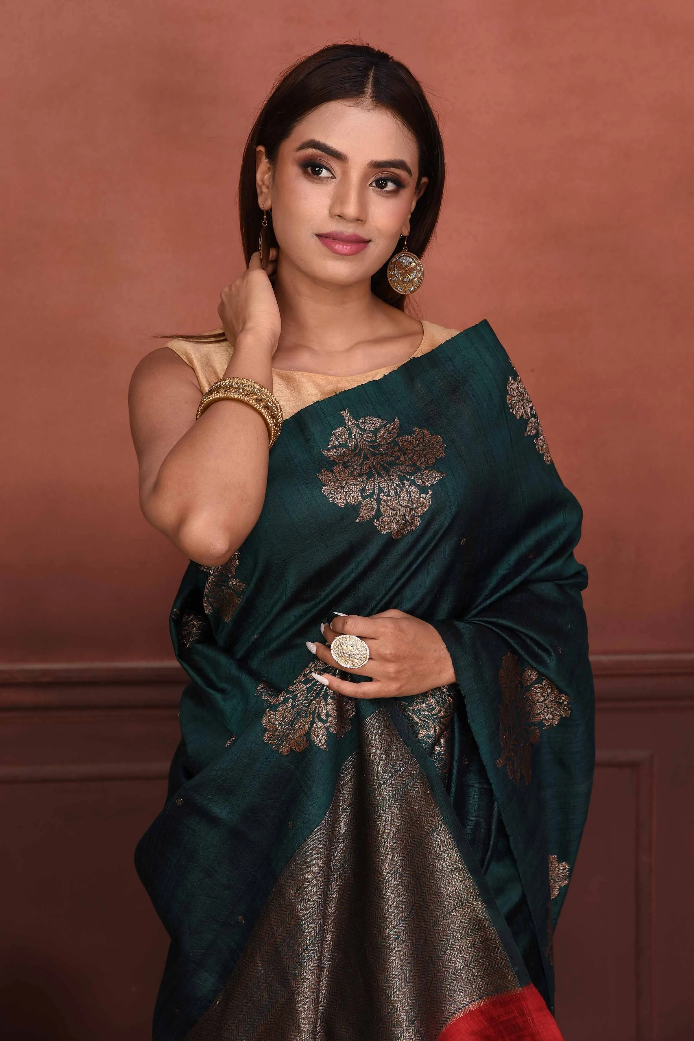 91A142-RO Dark Green Tussar Banarasi Saree with Floral Zari Buta