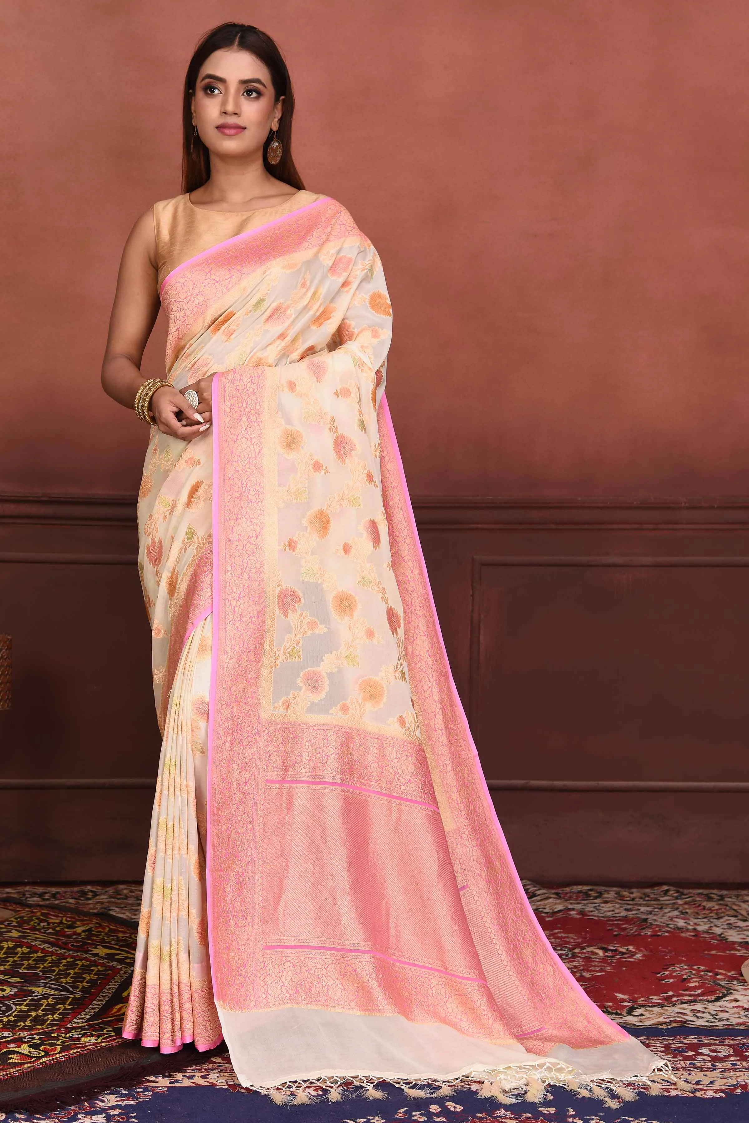 91A157-RO Cream Georgette Banarasi Saree with Pink Zari Border