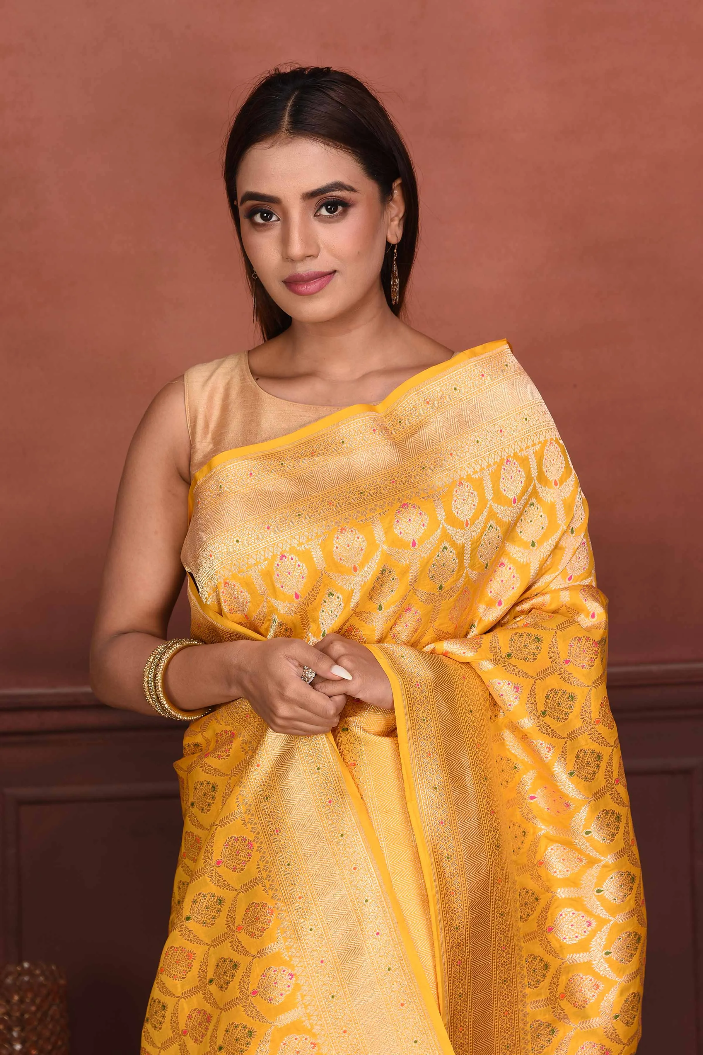 91A162 Yellow Katan Silk Banarasi Saree with Zari Minakari Work