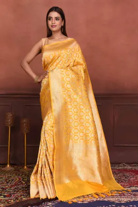 91A162 Yellow Katan Silk Banarasi Saree with Zari Minakari Work