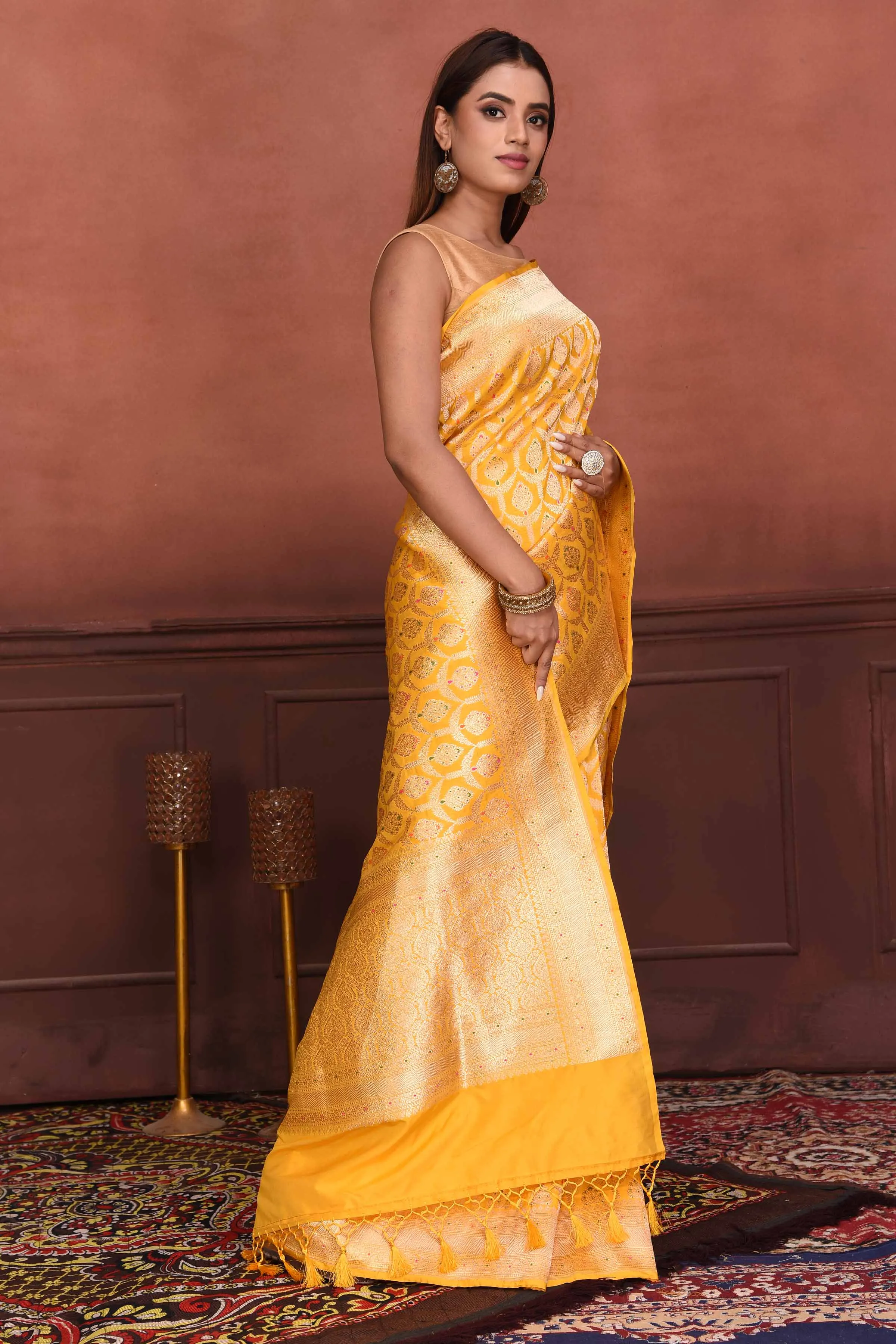 91A162 Yellow Katan Silk Banarasi Saree with Zari Minakari Work