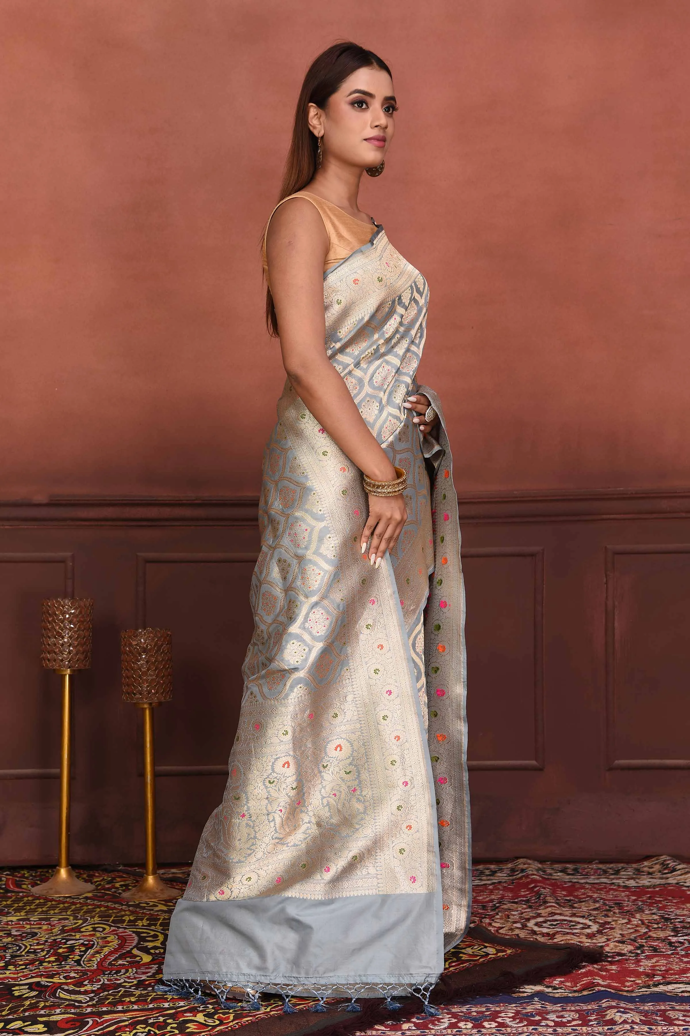 91A163-RO Light Grey Katan Silk Banarasi Saree with Zari Minakari Work