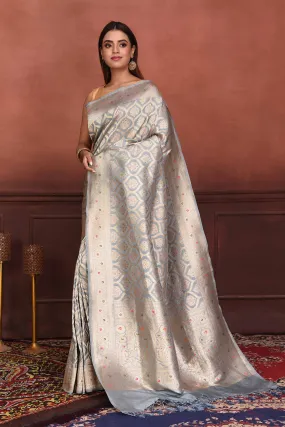 91A163-RO Light Grey Katan Silk Banarasi Saree with Zari Minakari Work