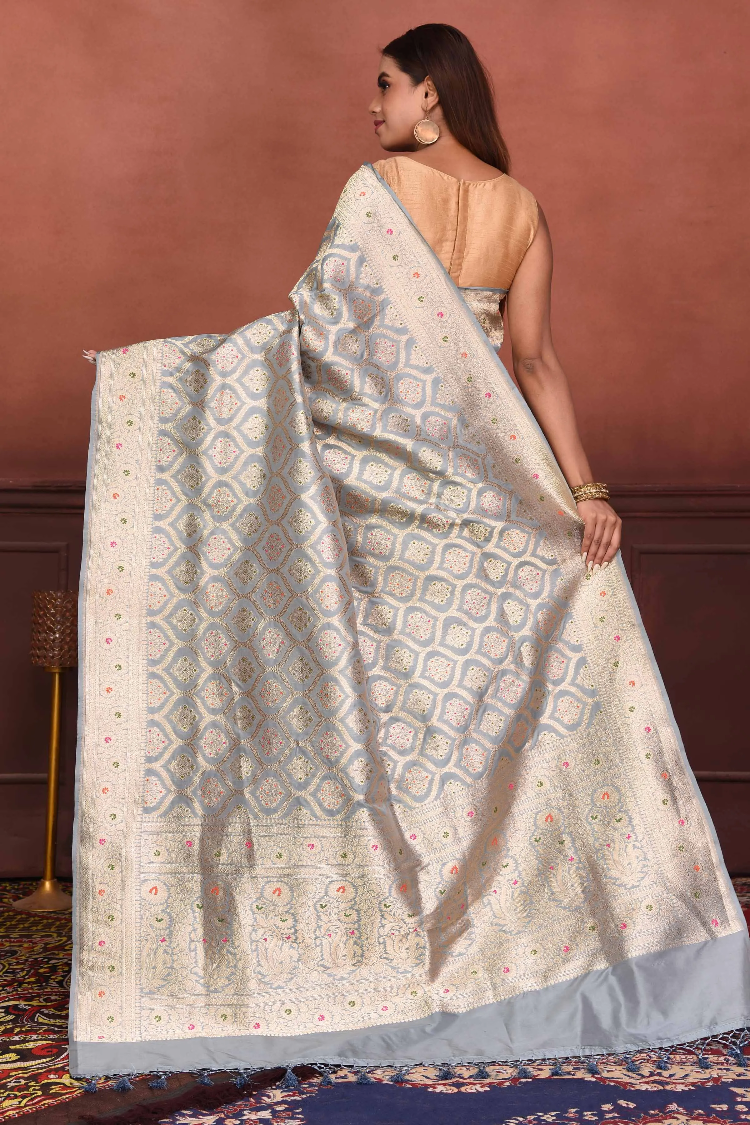 91A163-RO Light Grey Katan Silk Banarasi Saree with Zari Minakari Work