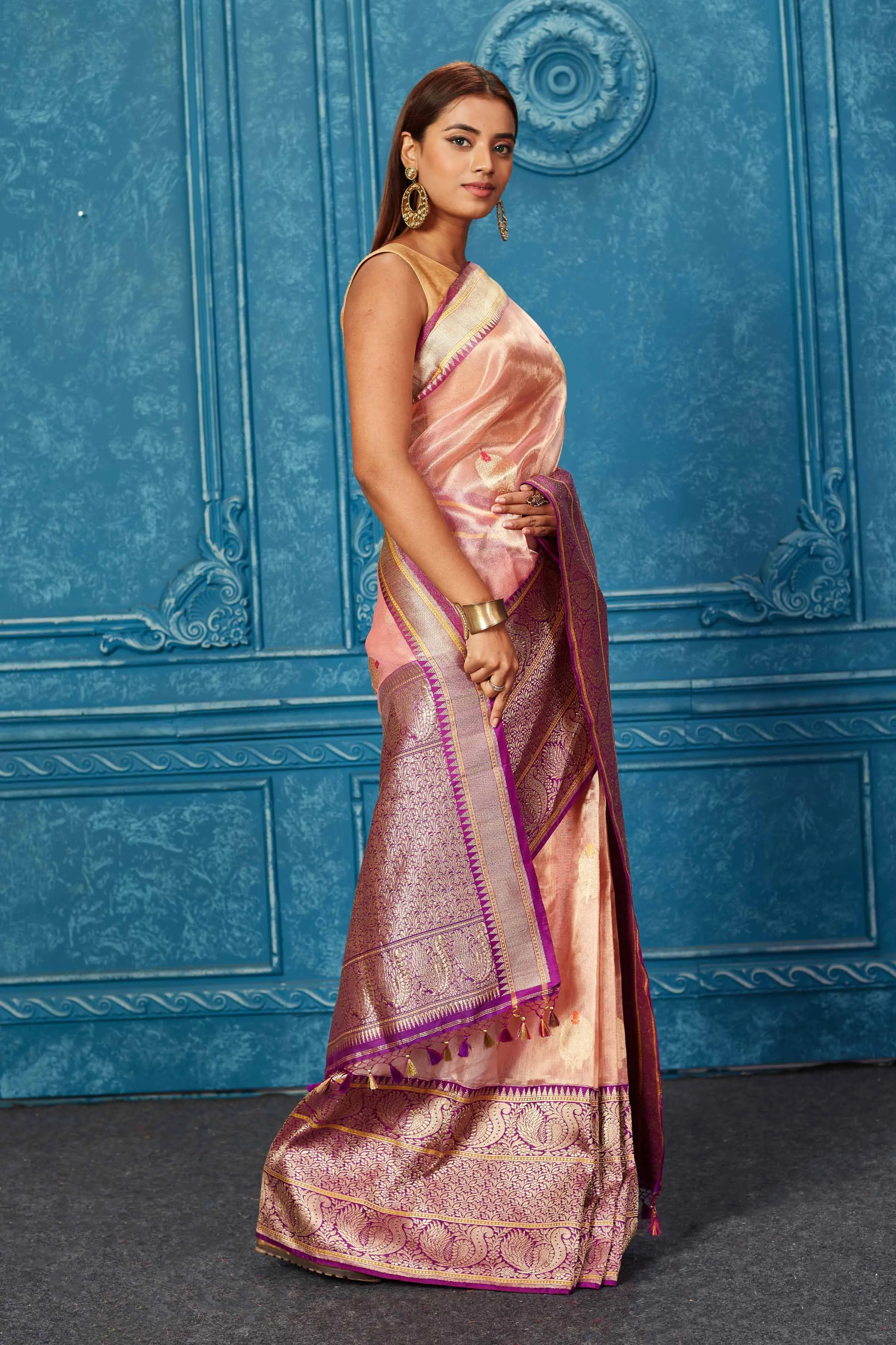 91A238 Golden Pink Banarasi Saree with Purple Zari Border