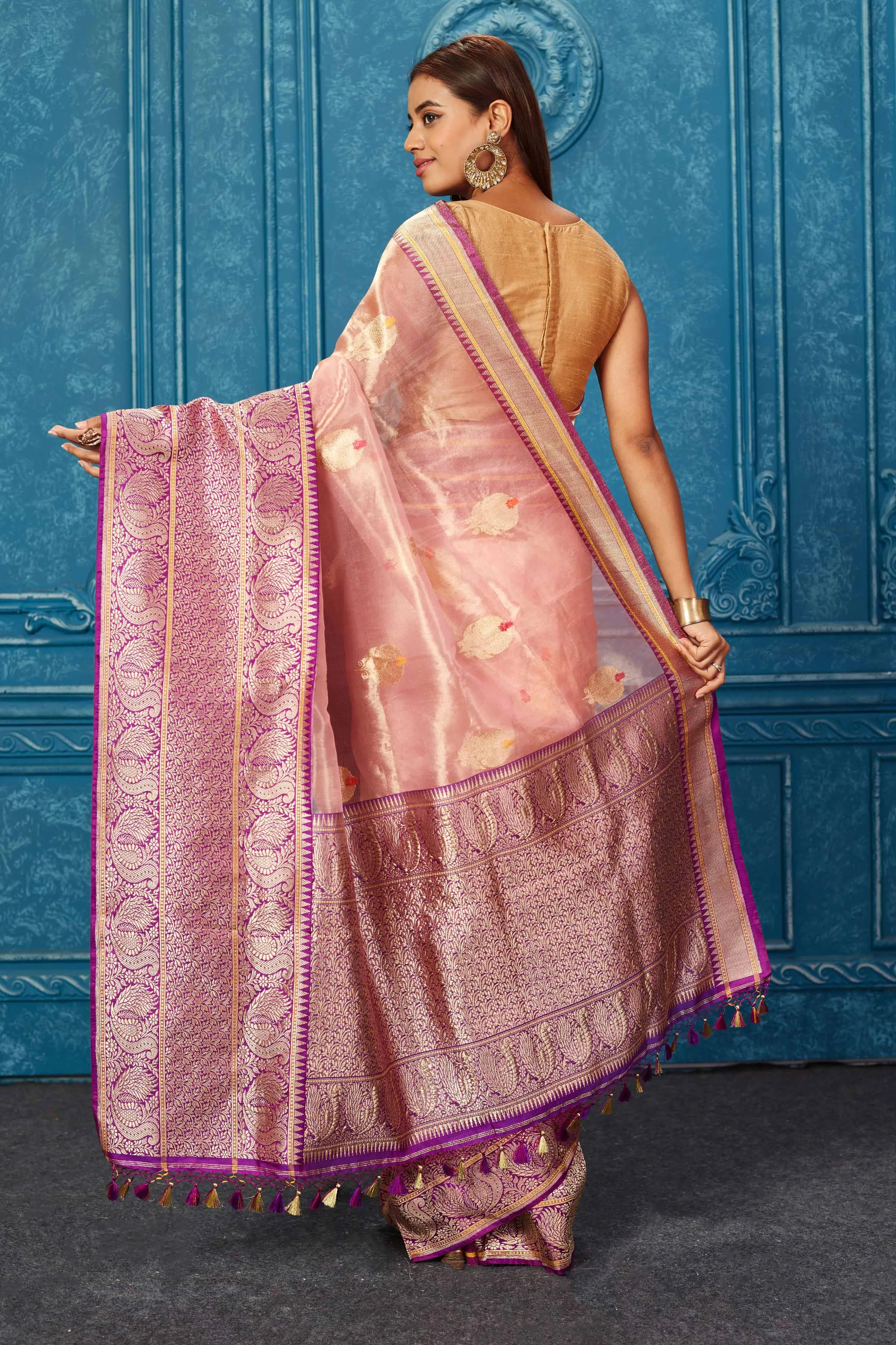 91A238 Golden Pink Banarasi Saree with Purple Zari Border