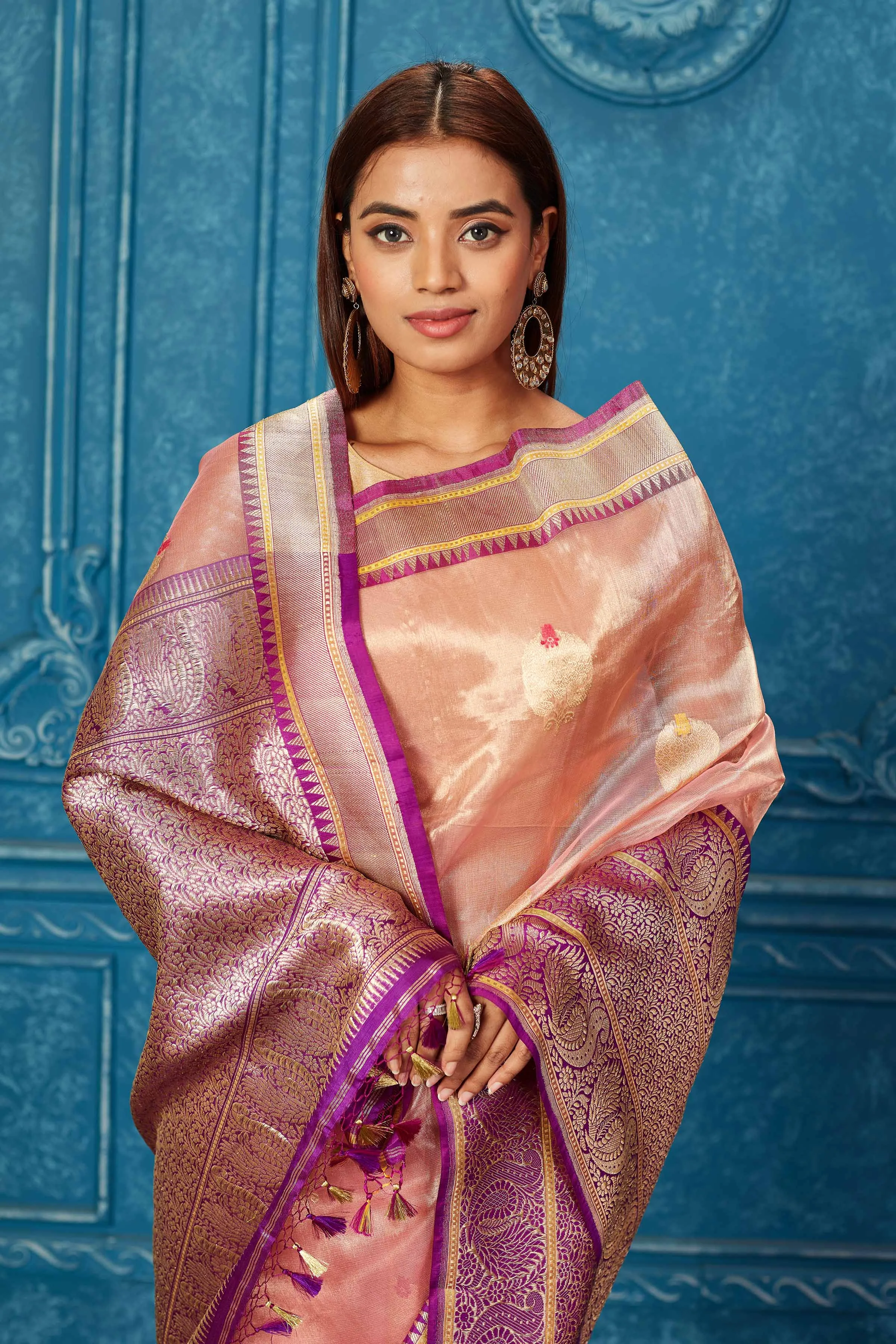 91A238 Golden Pink Banarasi Saree with Purple Zari Border