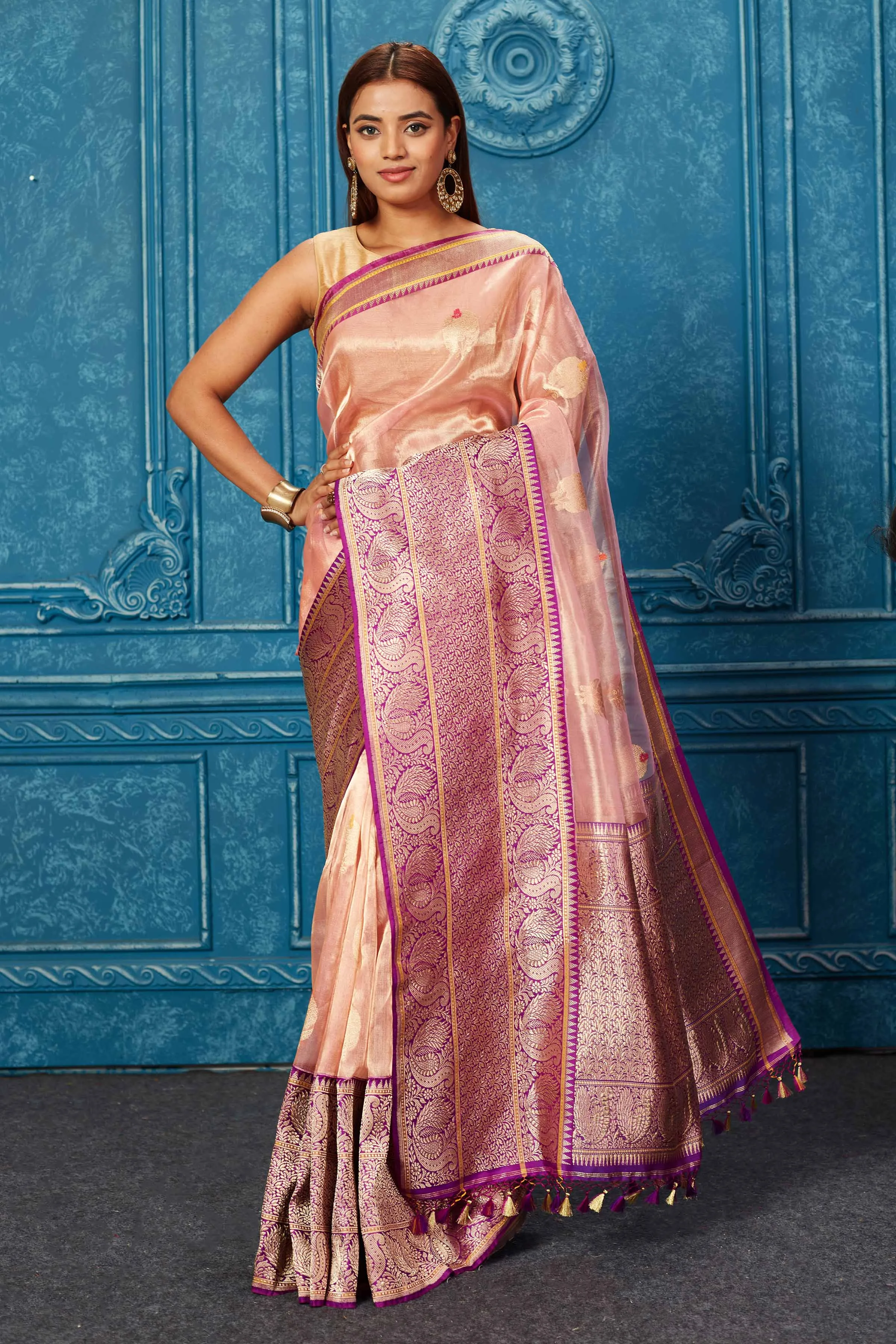 91A238 Golden Pink Banarasi Saree with Purple Zari Border