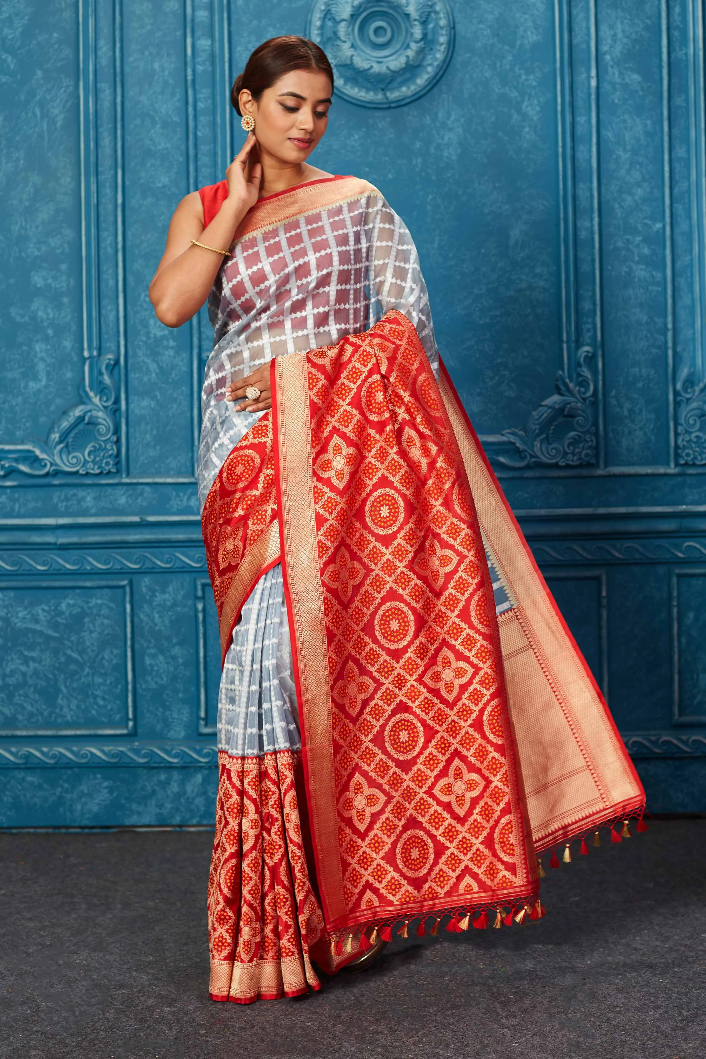 91A243 Powder Blue Check Banarasi Saree with Red Zari Border