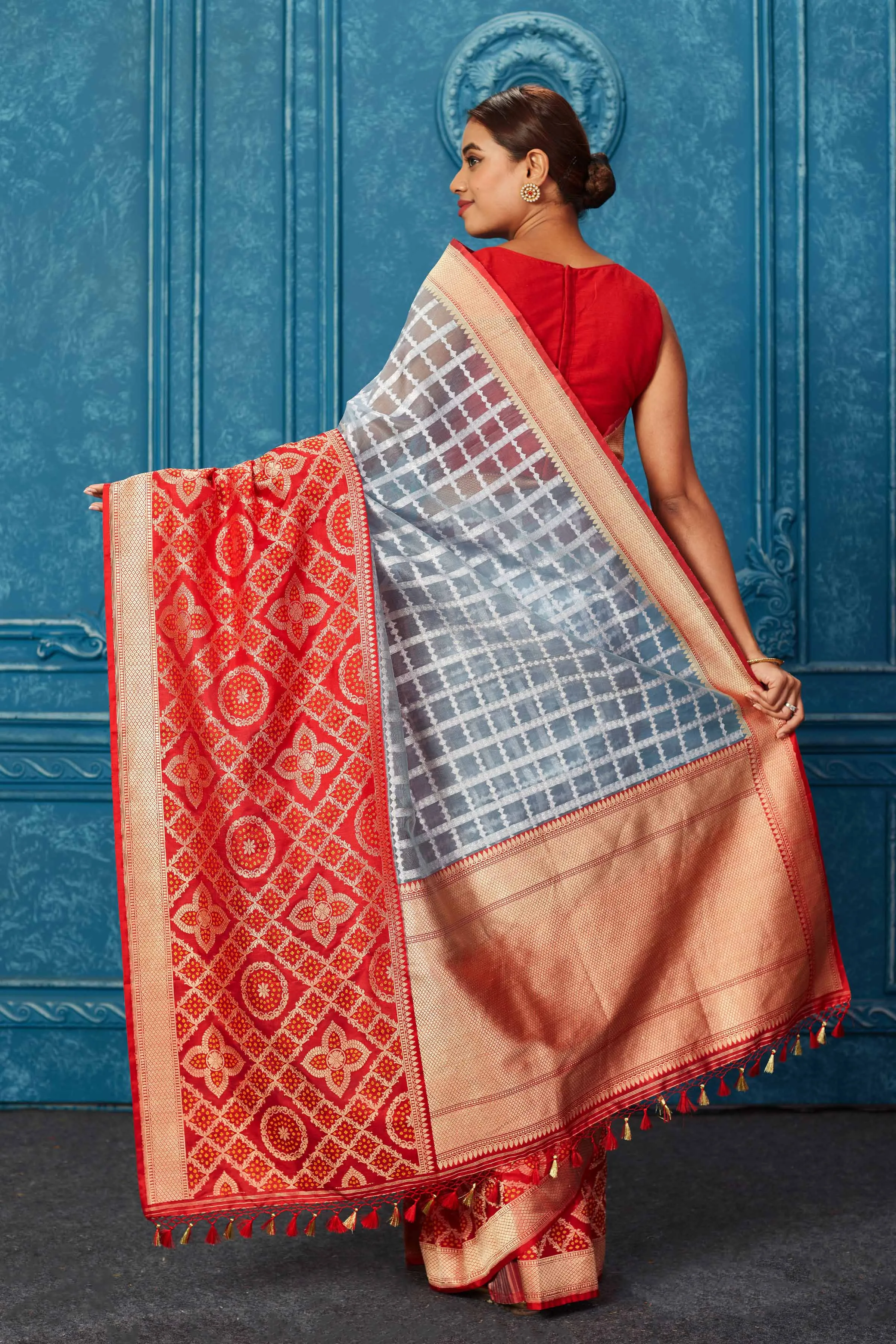 91A243 Powder Blue Check Banarasi Saree with Red Zari Border