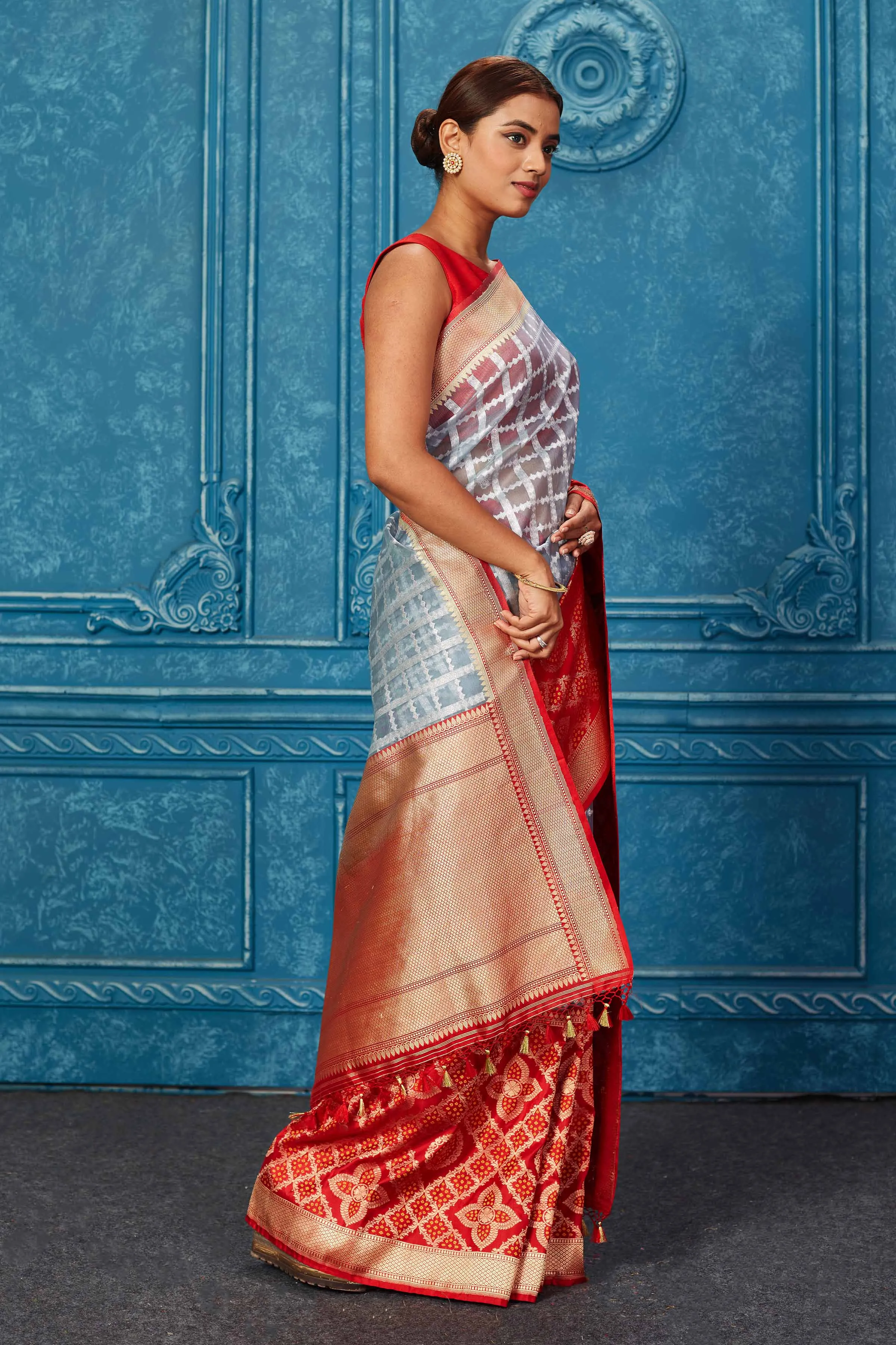 91A243 Powder Blue Check Banarasi Saree with Red Zari Border