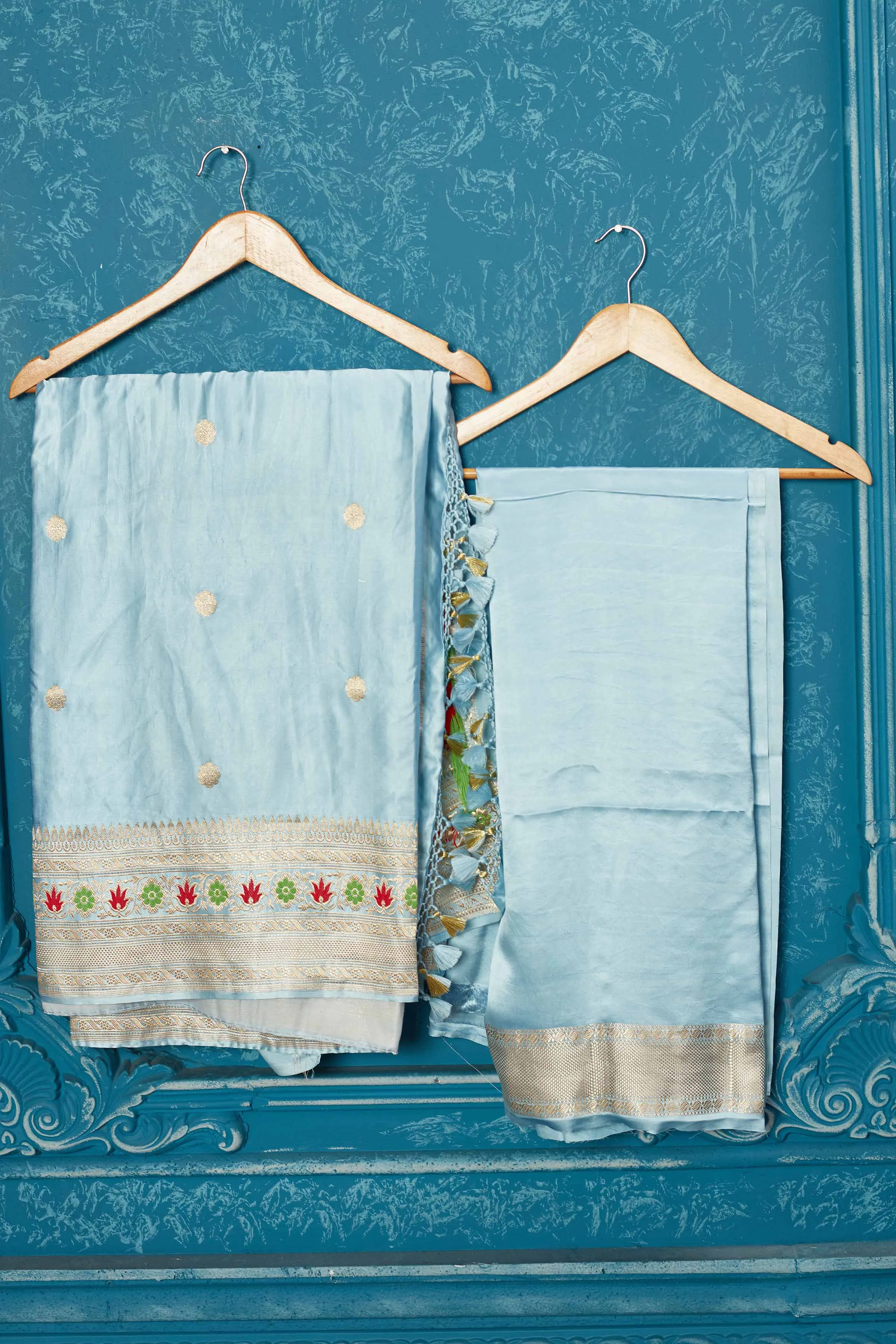 91A244 Powder Blue Mashru Banarasi Saree with Zari Border