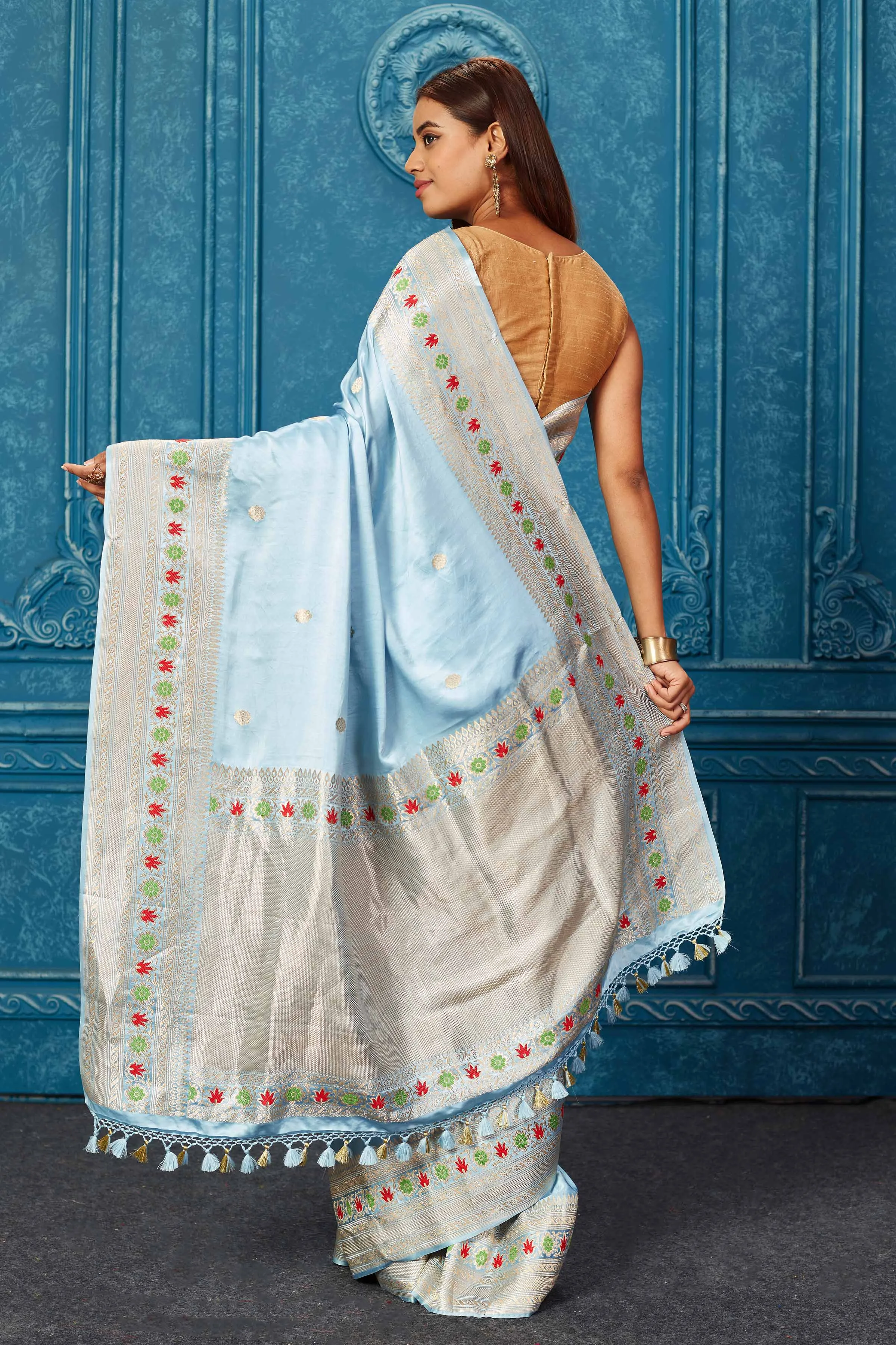 91A244 Powder Blue Mashru Banarasi Saree with Zari Border