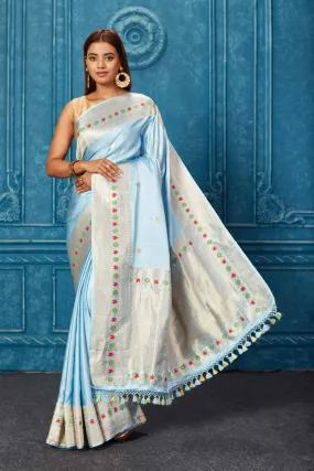 91A244 Powder Blue Mashru Banarasi Saree with Zari Border