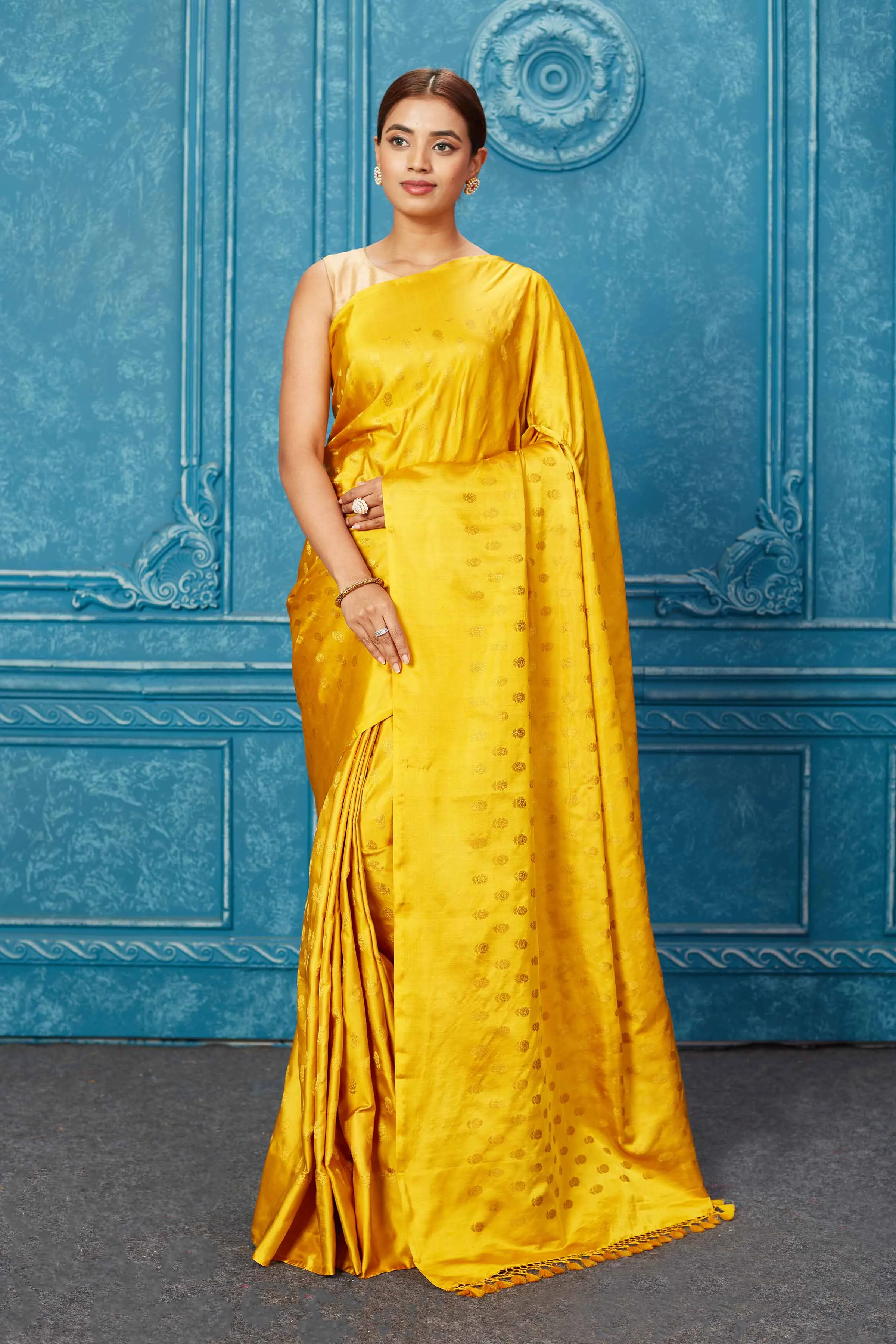 91A262 Mustard Banarasi Silk Saree with Zari Buta