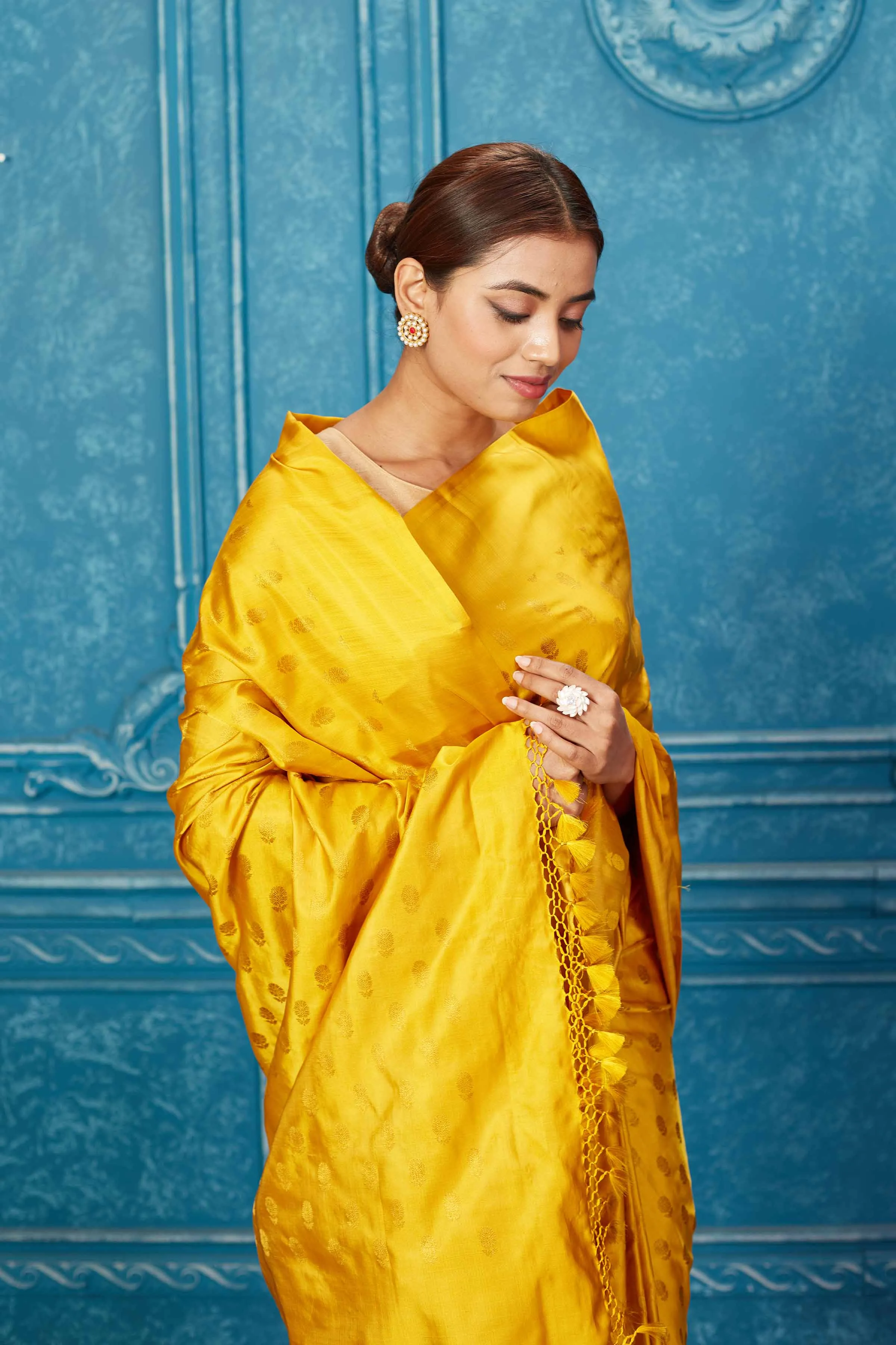 91A262 Mustard Banarasi Silk Saree with Zari Buta