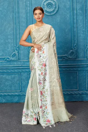 91A275 Olive Green Organza Tissue Silk Sari with Printed Border