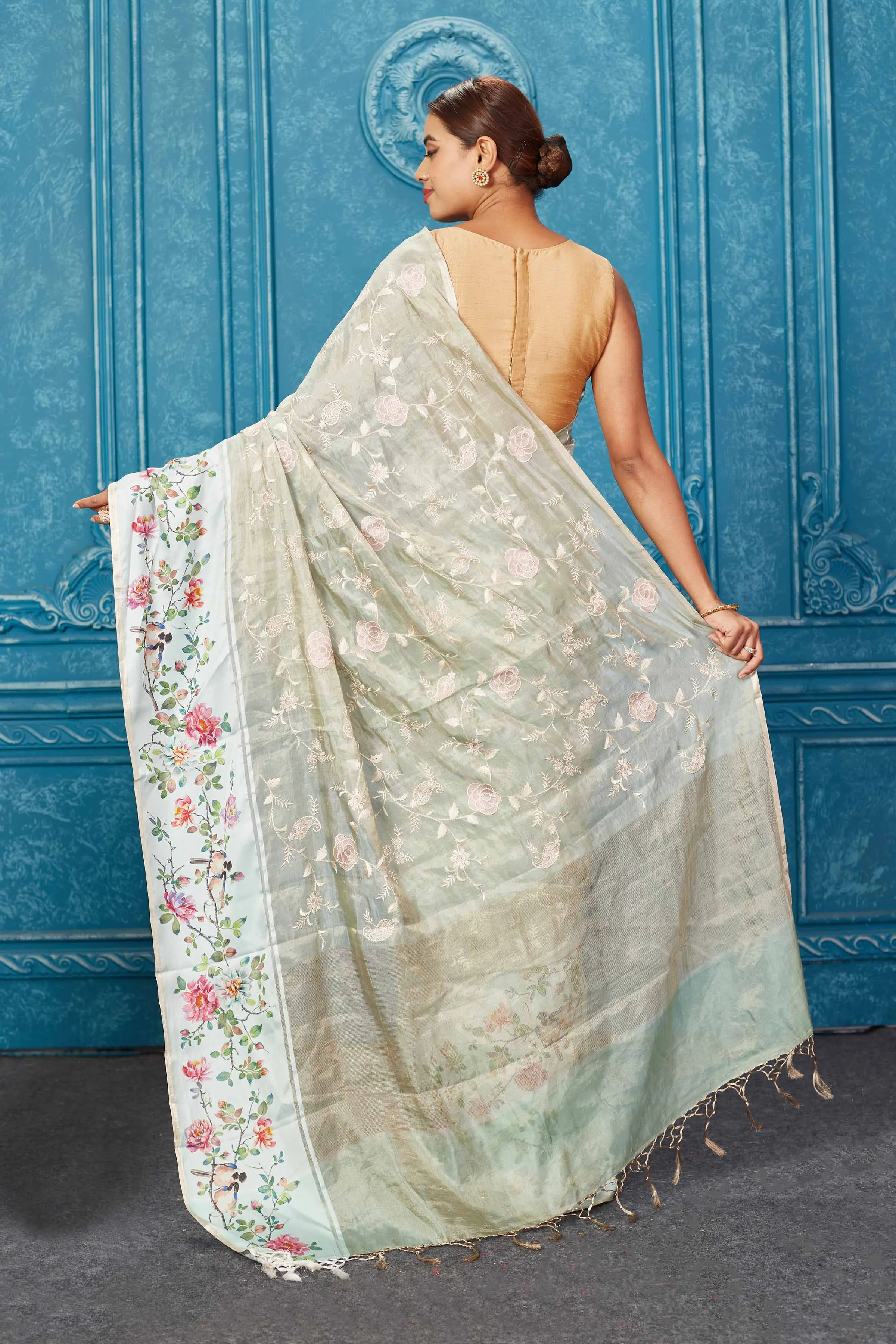 91A275 Olive Green Organza Tissue Silk Sari with Printed Border