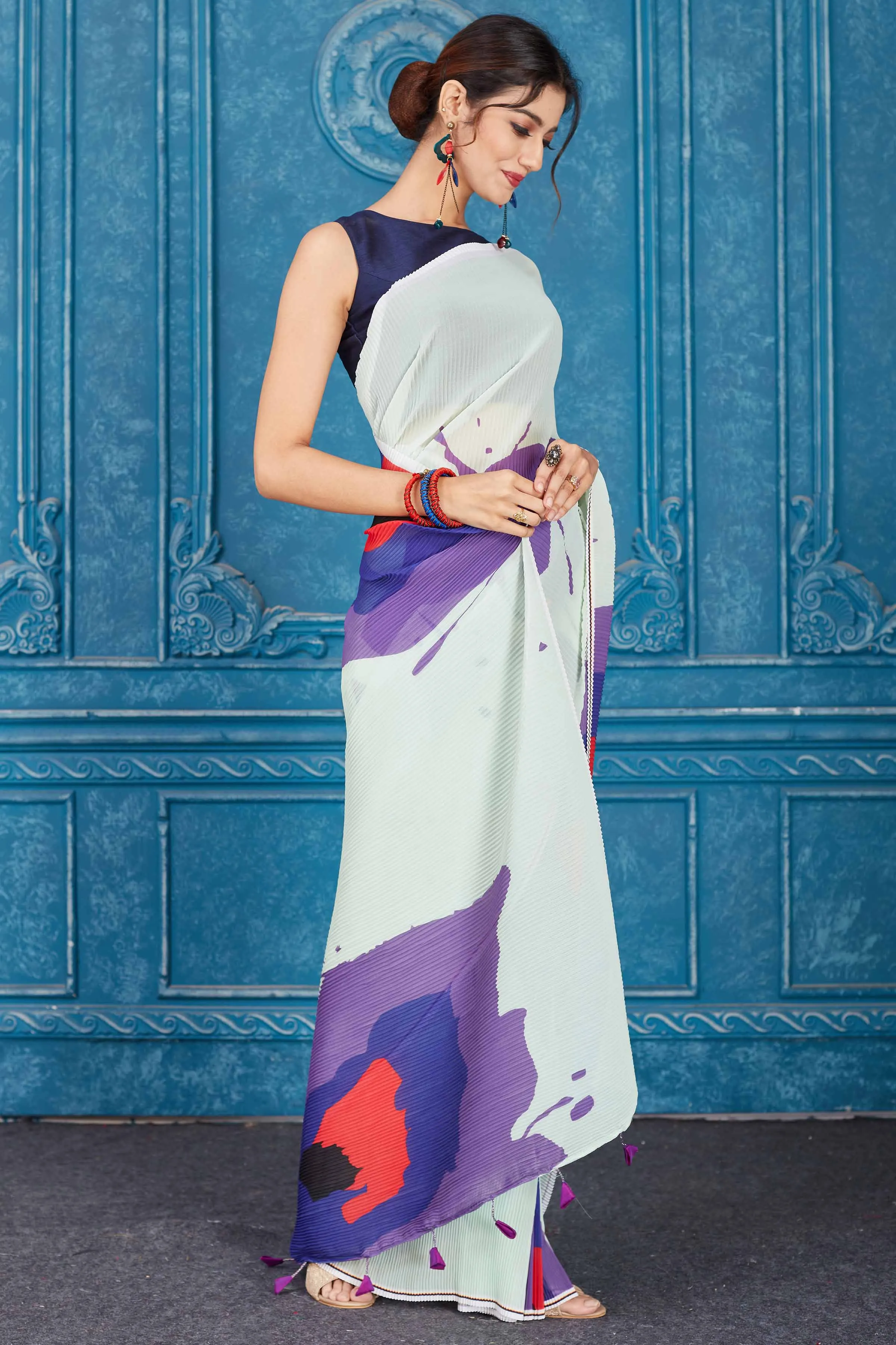 91A301 Mint Green and Purple Printed Crushed Georgette Saree