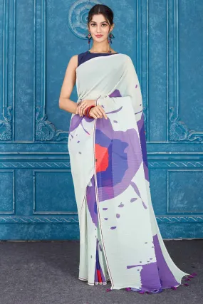 91A301 Mint Green and Purple Printed Crushed Georgette Saree