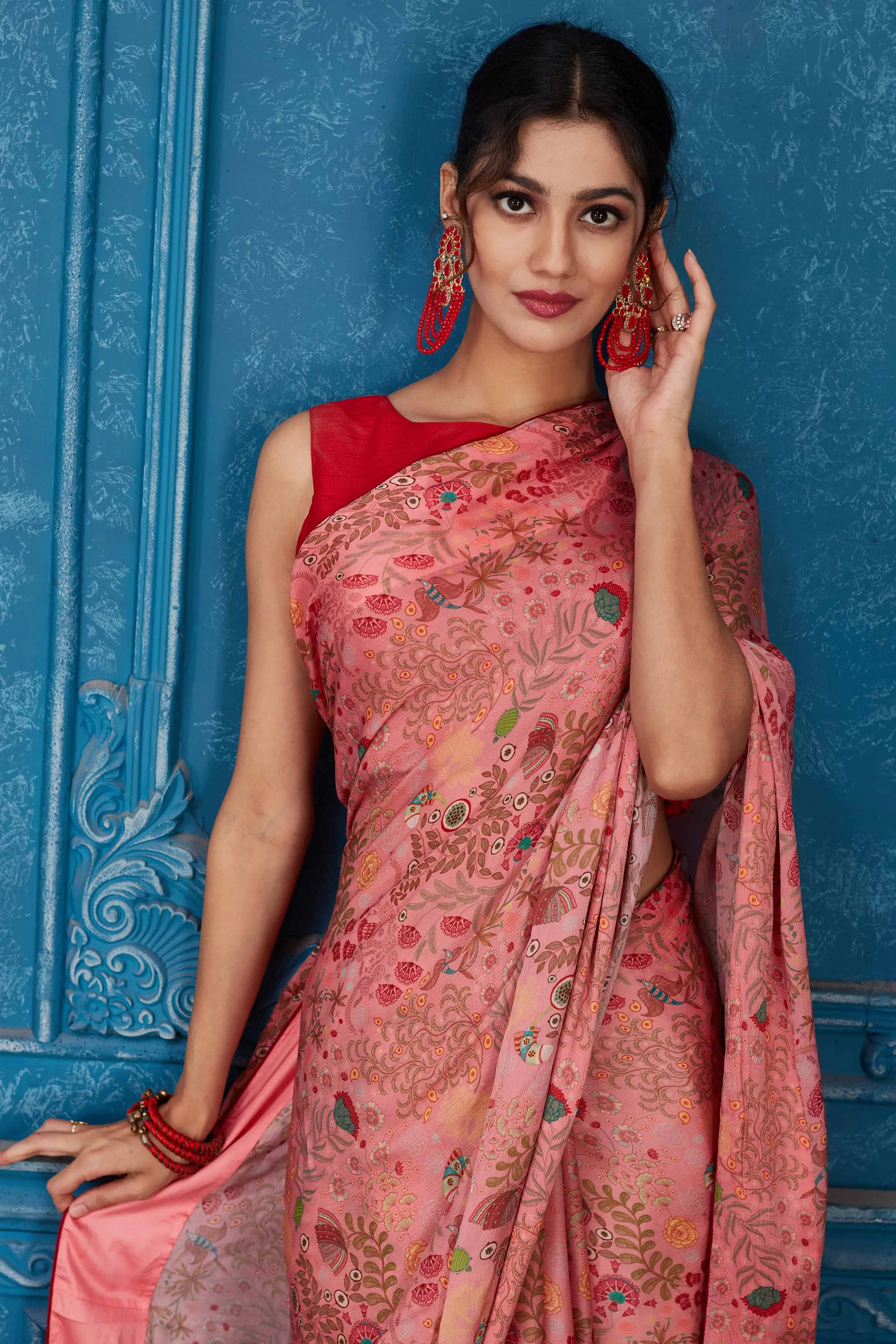 91A345 Pink Printed Crepe Chiffon Saree