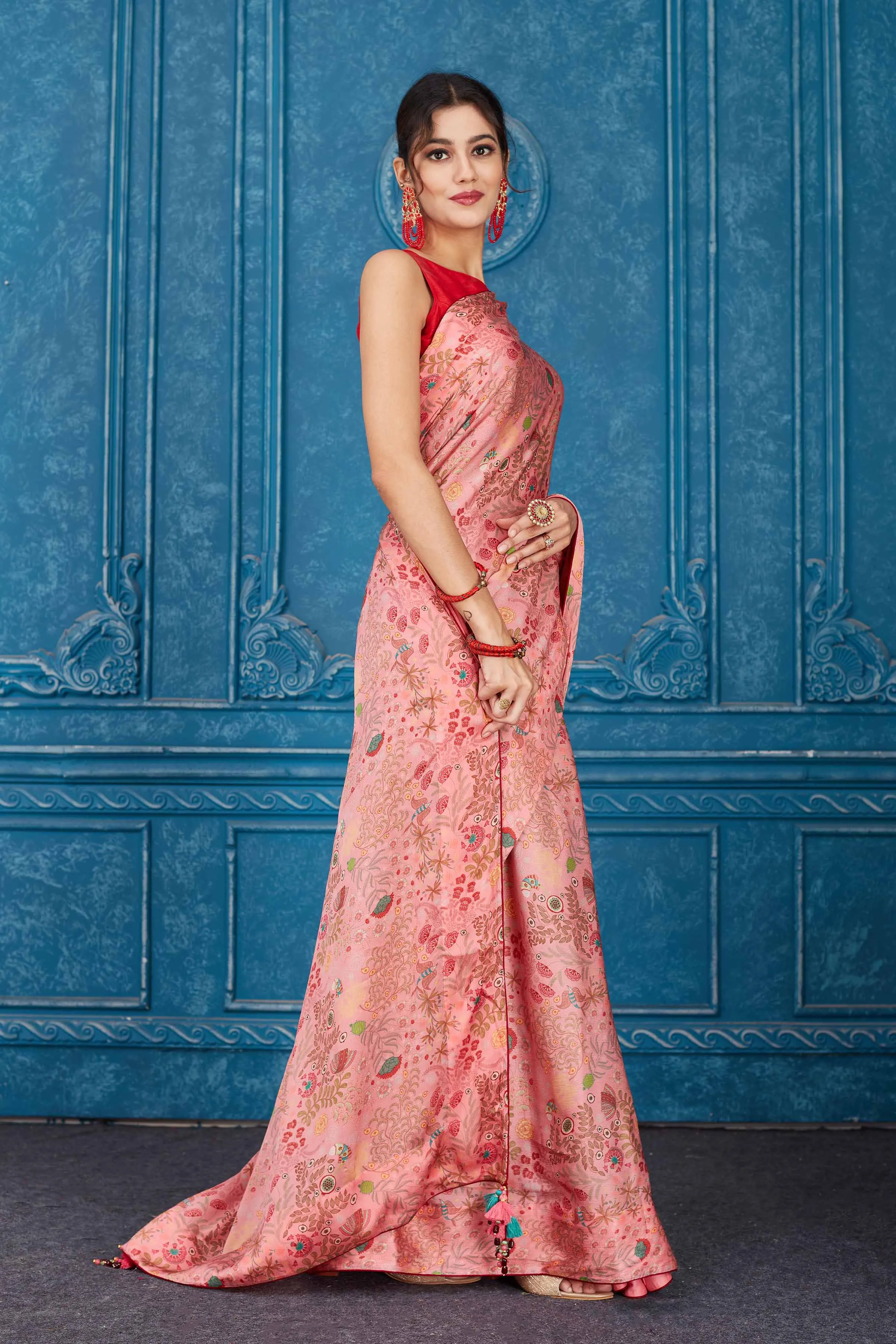 91A345 Pink Printed Crepe Chiffon Saree