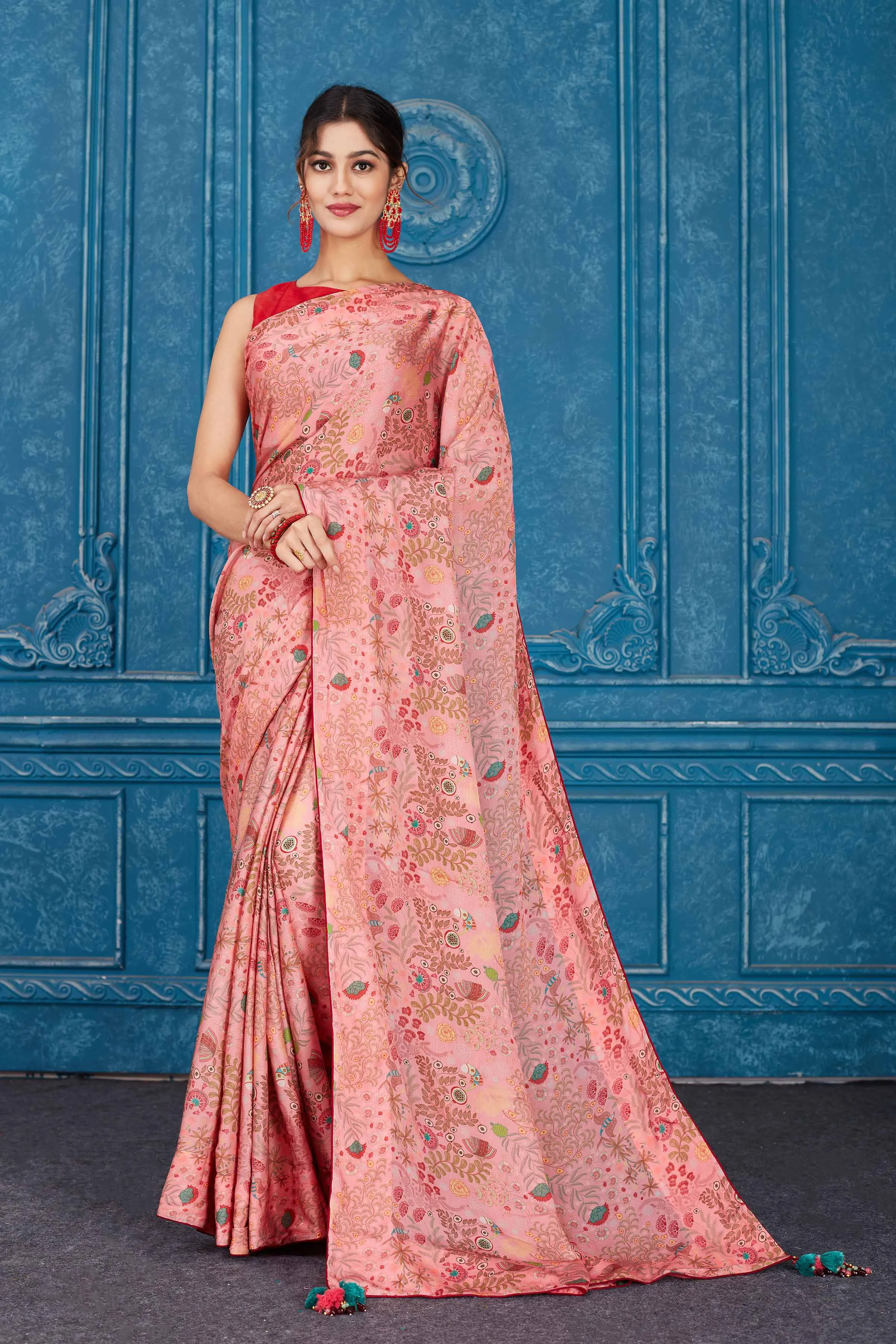 91A345 Pink Printed Crepe Chiffon Saree