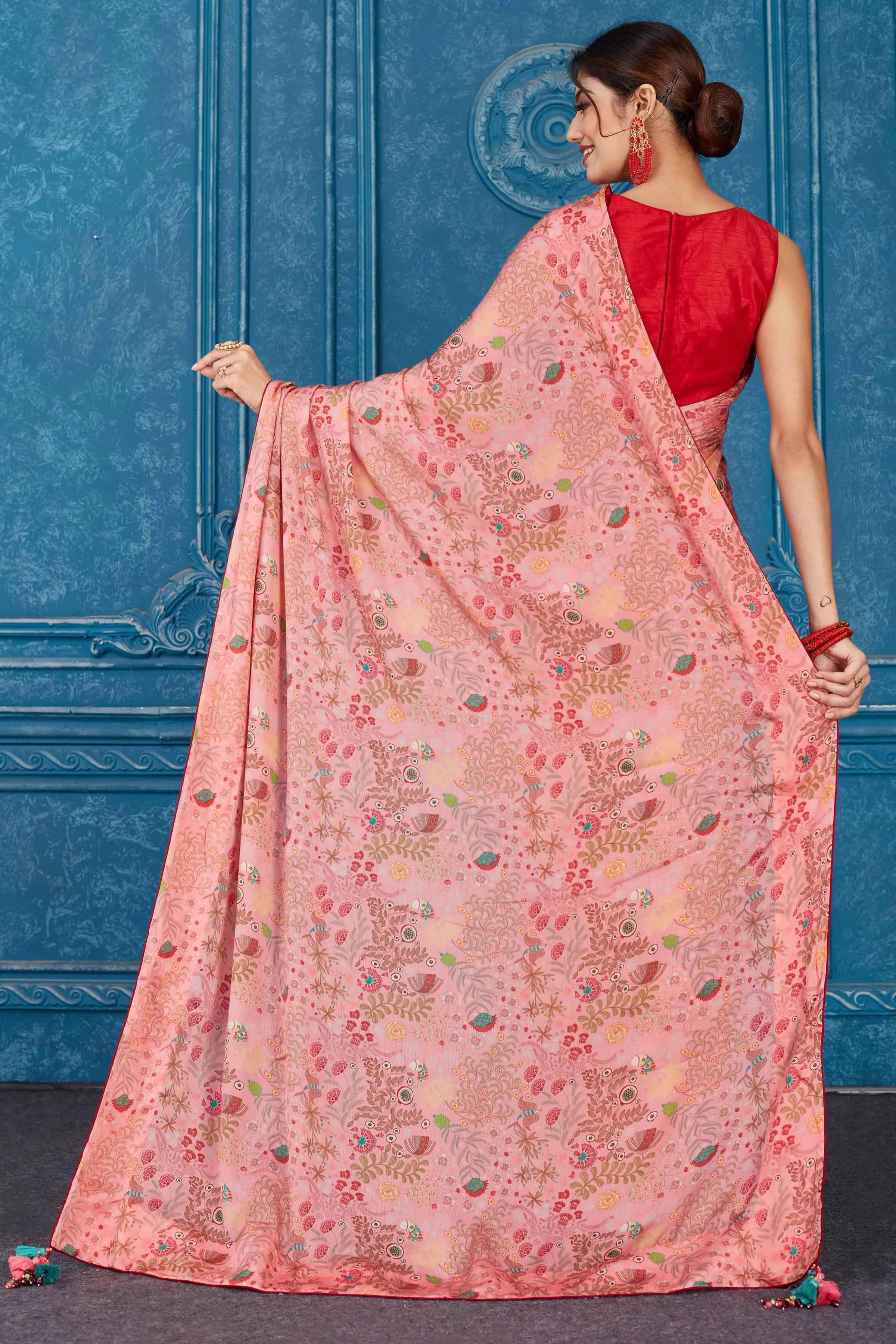 91A345 Pink Printed Crepe Chiffon Saree