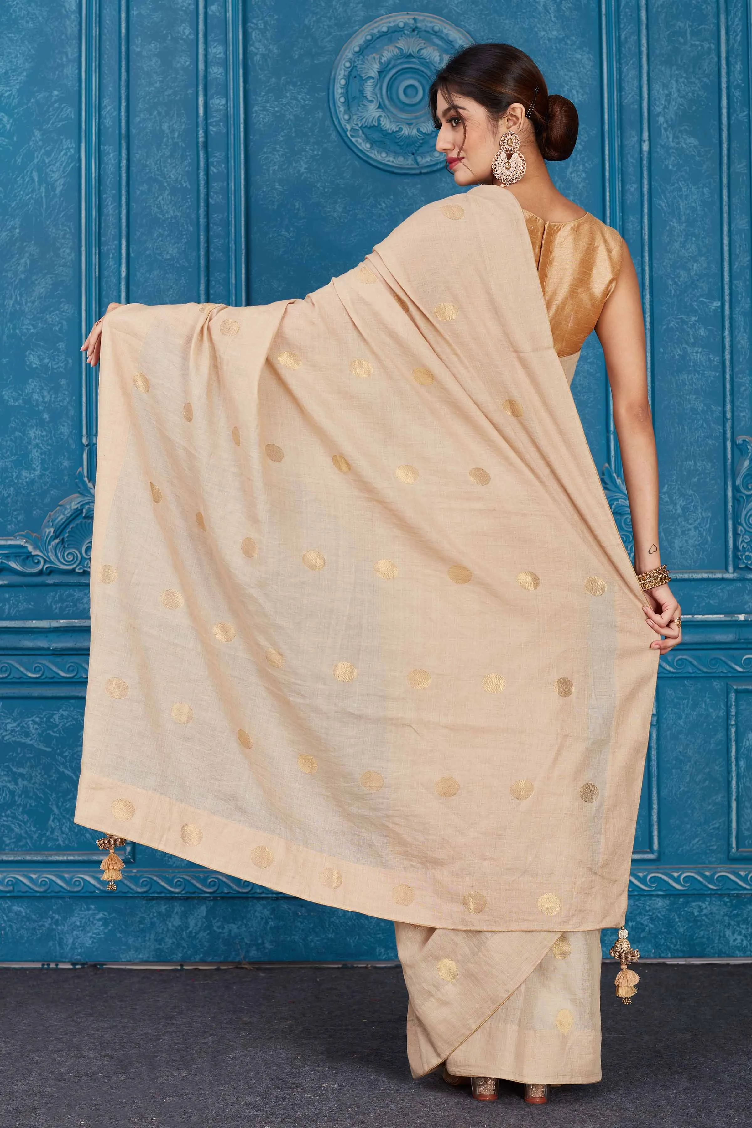 91A356 Beige Tissue Silk Saree with Zari Buta