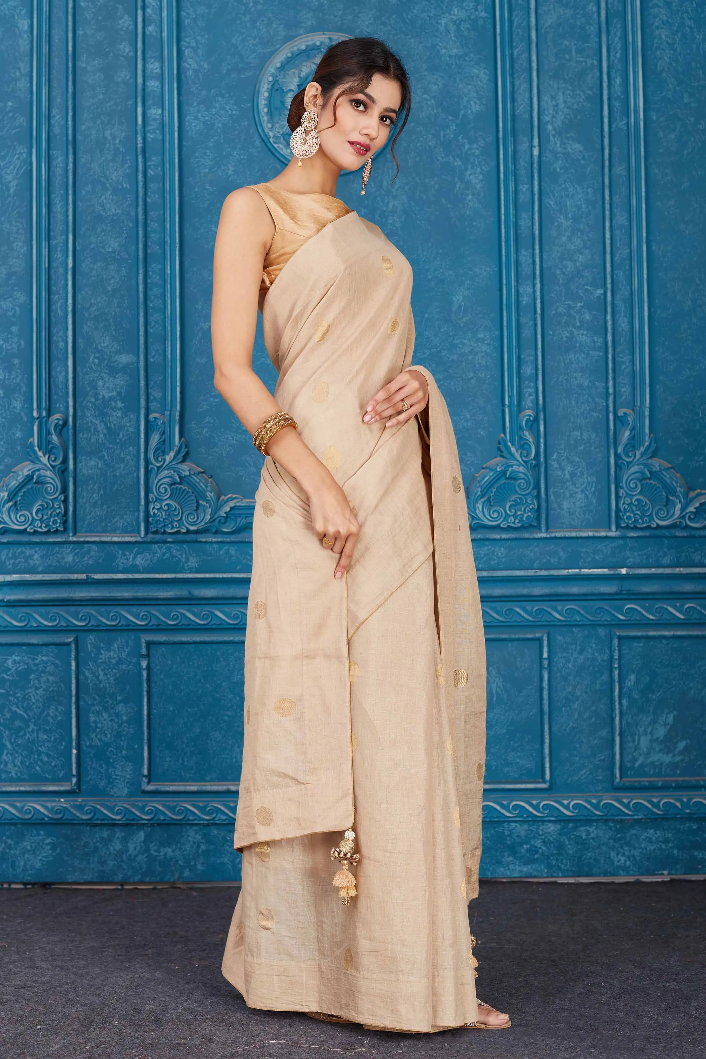 91A356 Beige Tissue Silk Saree with Zari Buta