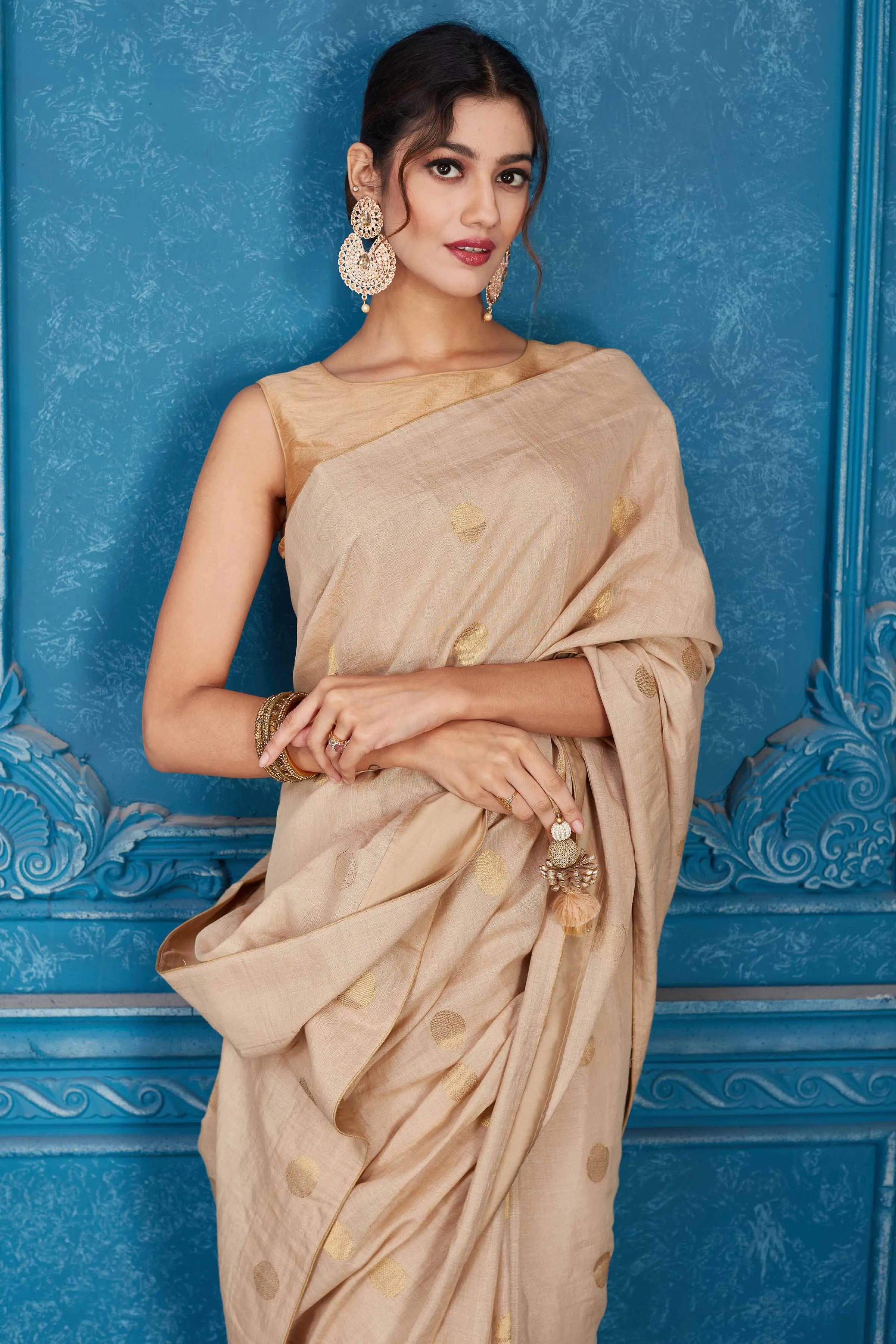 91A356 Beige Tissue Silk Saree with Zari Buta