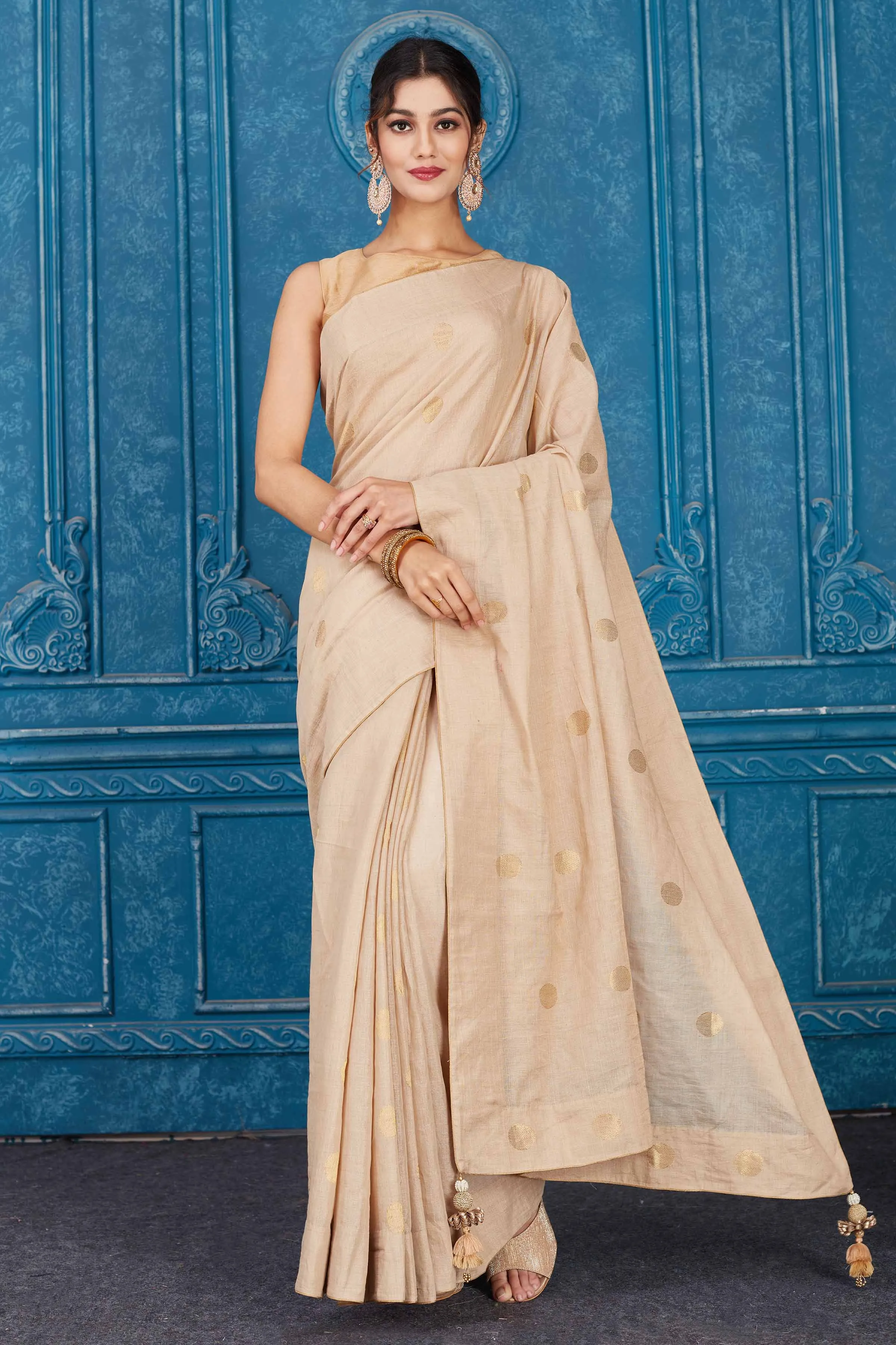 91A356 Beige Tissue Silk Saree with Zari Buta