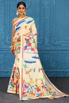 91A418 Cream Tussar Silk Sari with Multicolor Kantha Embroidery