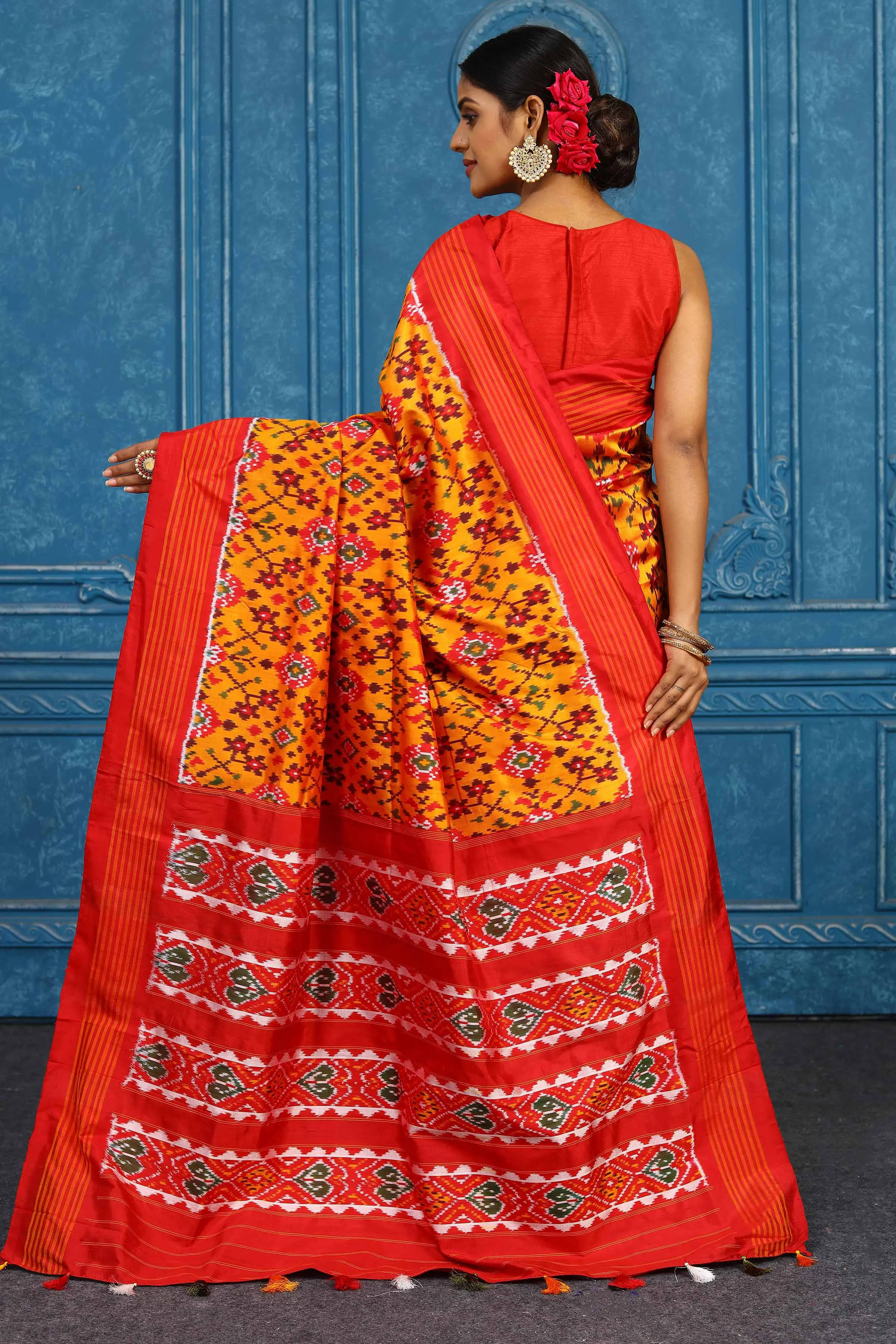 91A435 Mustard Pochampally Ikkat Silk Sari with Orange Striped Border