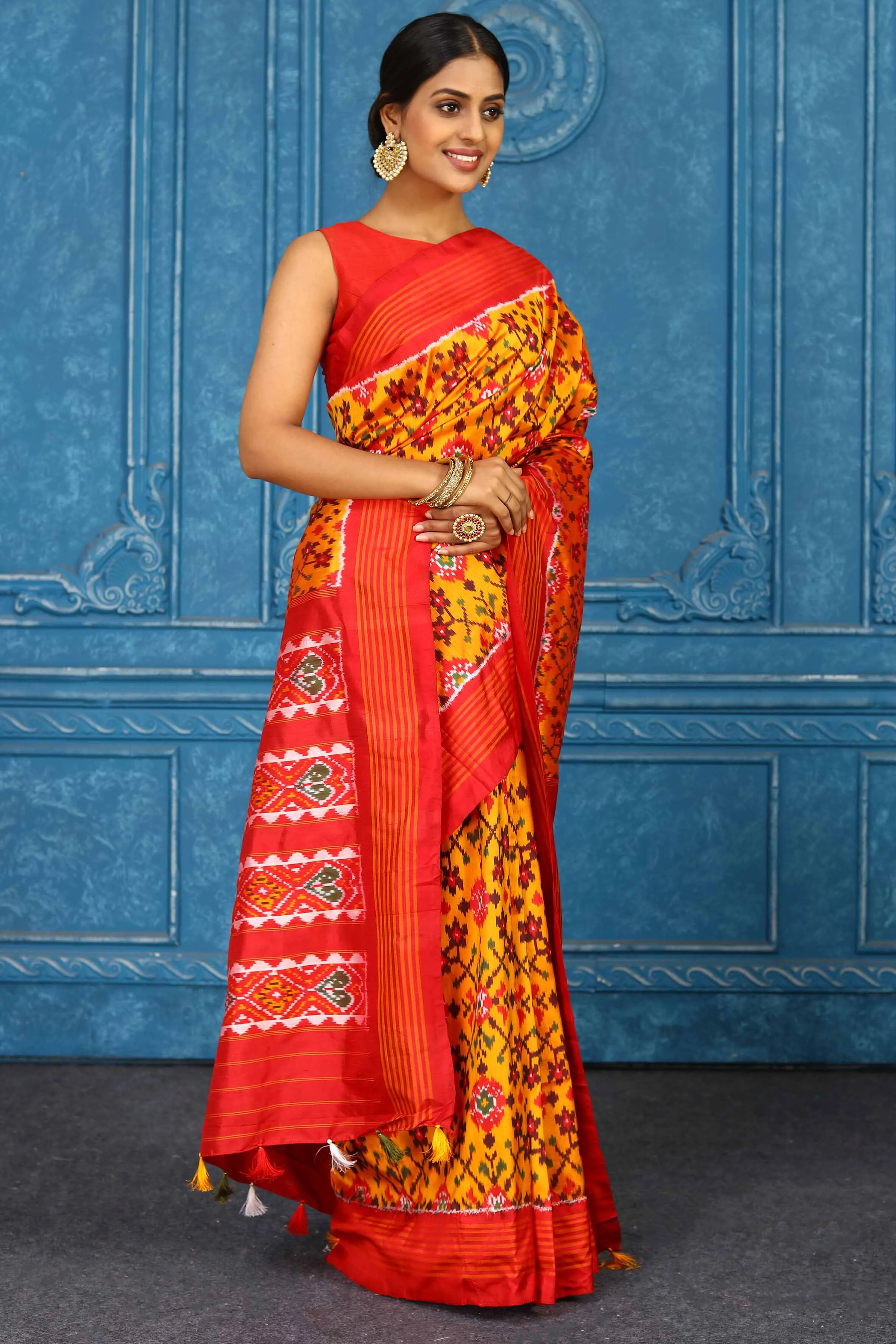 91A435 Mustard Pochampally Ikkat Silk Sari with Orange Striped Border