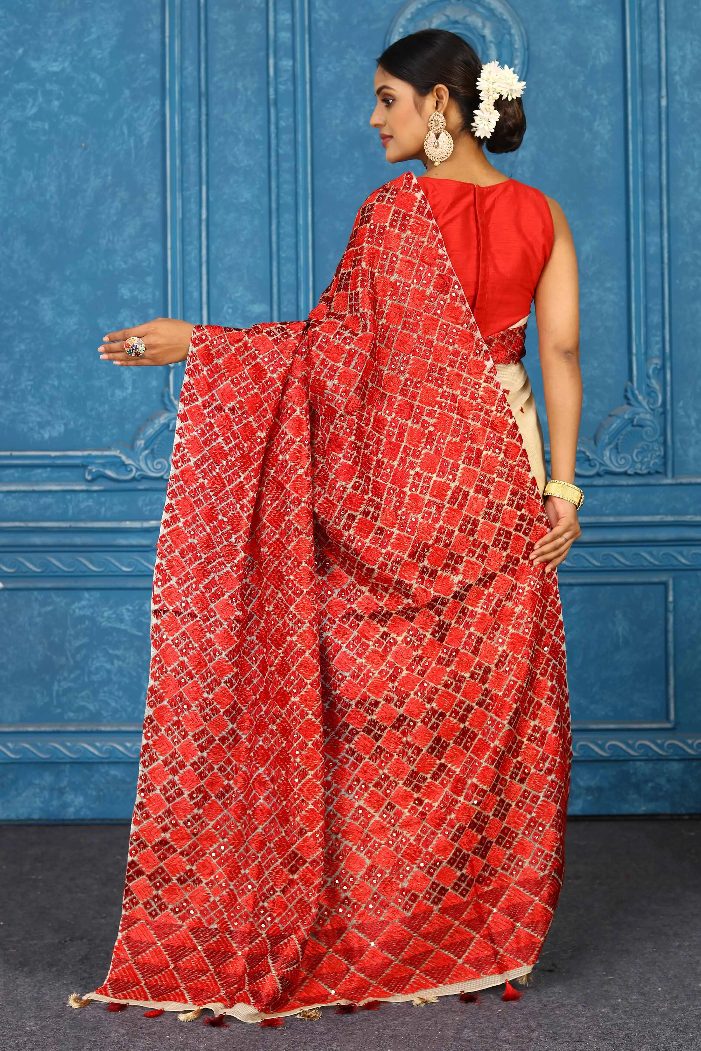 91A451 Cream Red Phulkari Embroidery Saree