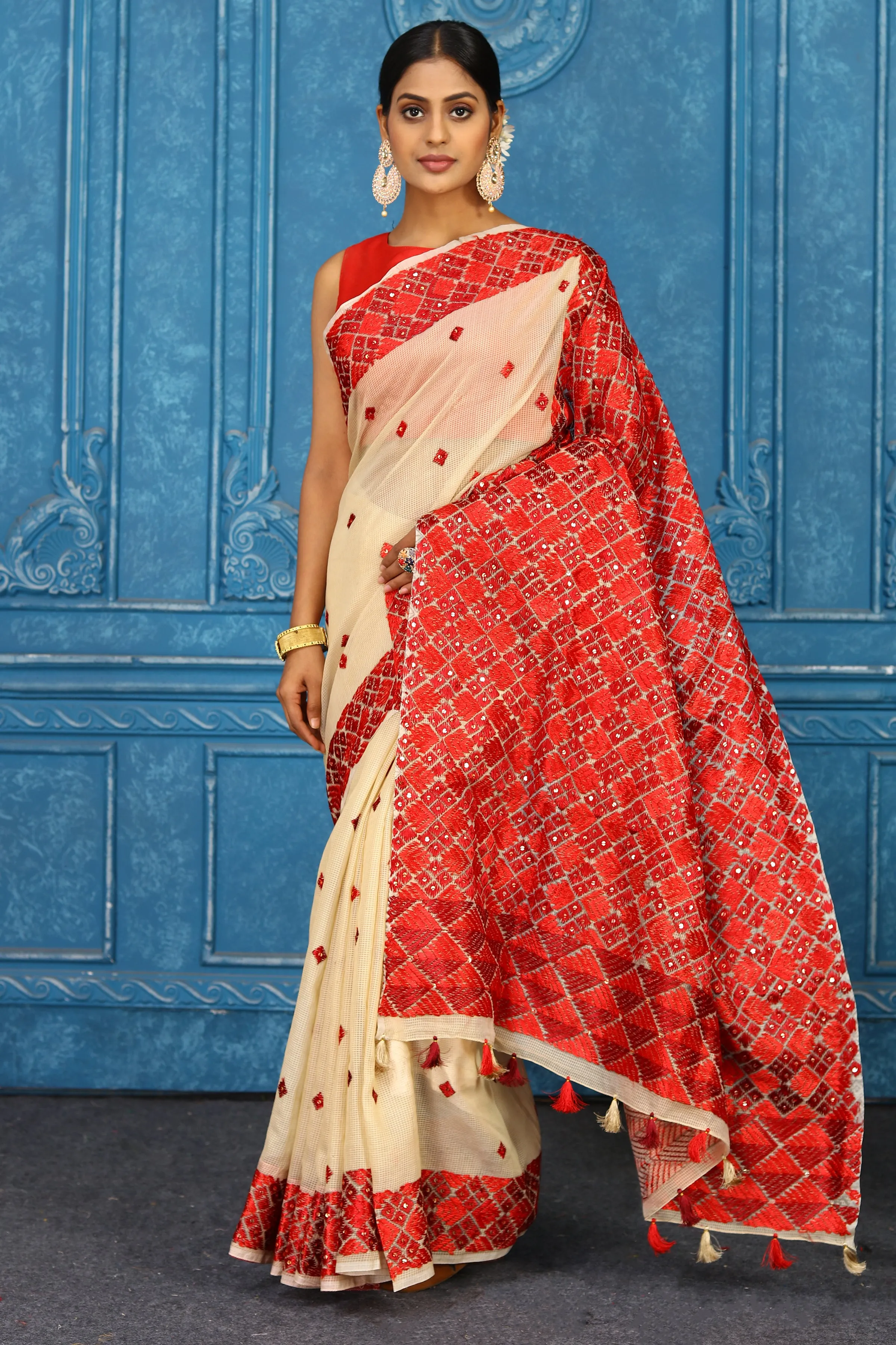 91A451 Cream Red Phulkari Embroidery Saree